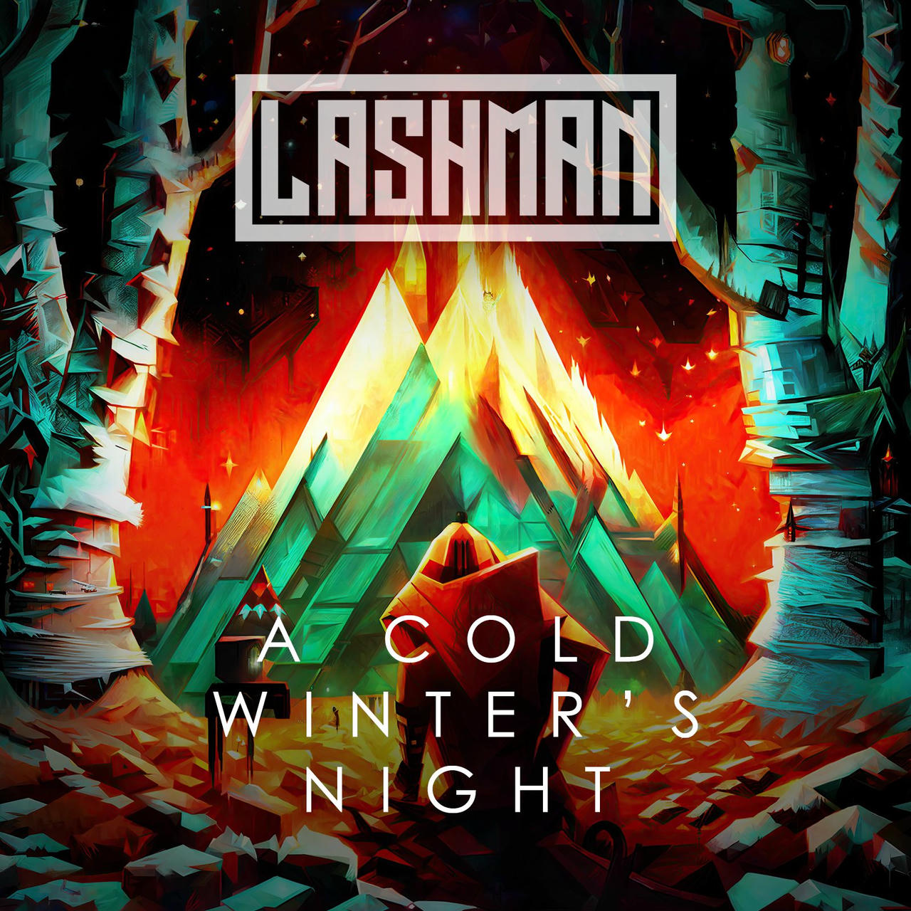 A dramatic, stylized album cover featuring a towering, jagged ice formation illuminated by a fiery orange glow. The ice structure resembles a large, abstract triangle, with intricate, geometric patterns and sharp edges. The background is a dark, icy blue, and the text “A COLD WINTER’S NIGHT” is written in white across the bottom of the image. The band name “LASHMAN” is prominently displayed in white at the top.