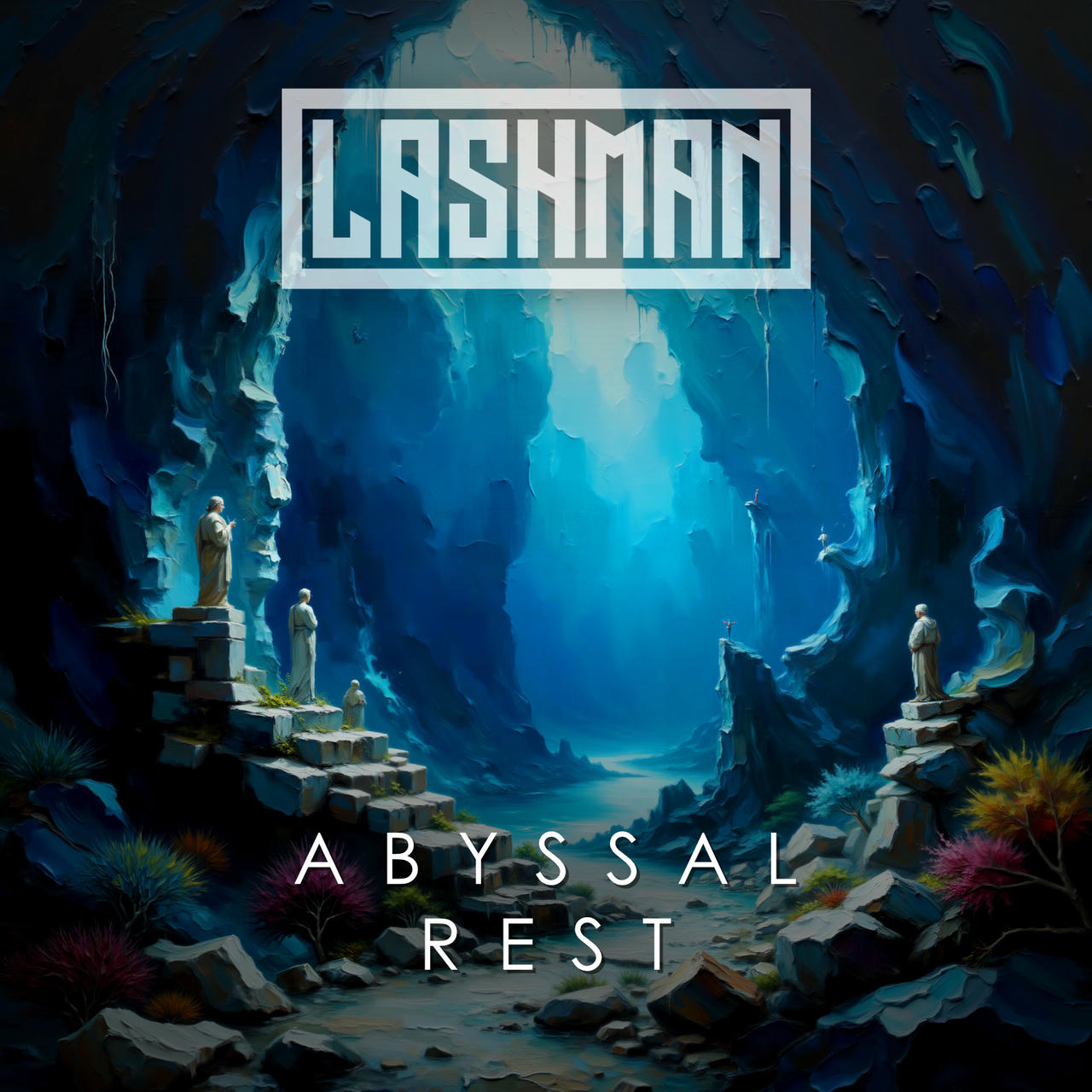 A dark, cavernous scene dominated by deep blue hues. Three stone statues of classical Greek figures stand within a jagged, rocky alcove. Water drips from the ceiling, creating a shimmering effect. The word "ABYSSAL" is stacked vertically on the left, and "REST" is stacked vertically on the right. The overall impression is one of a cold, ancient, and slightly unsettling space.
