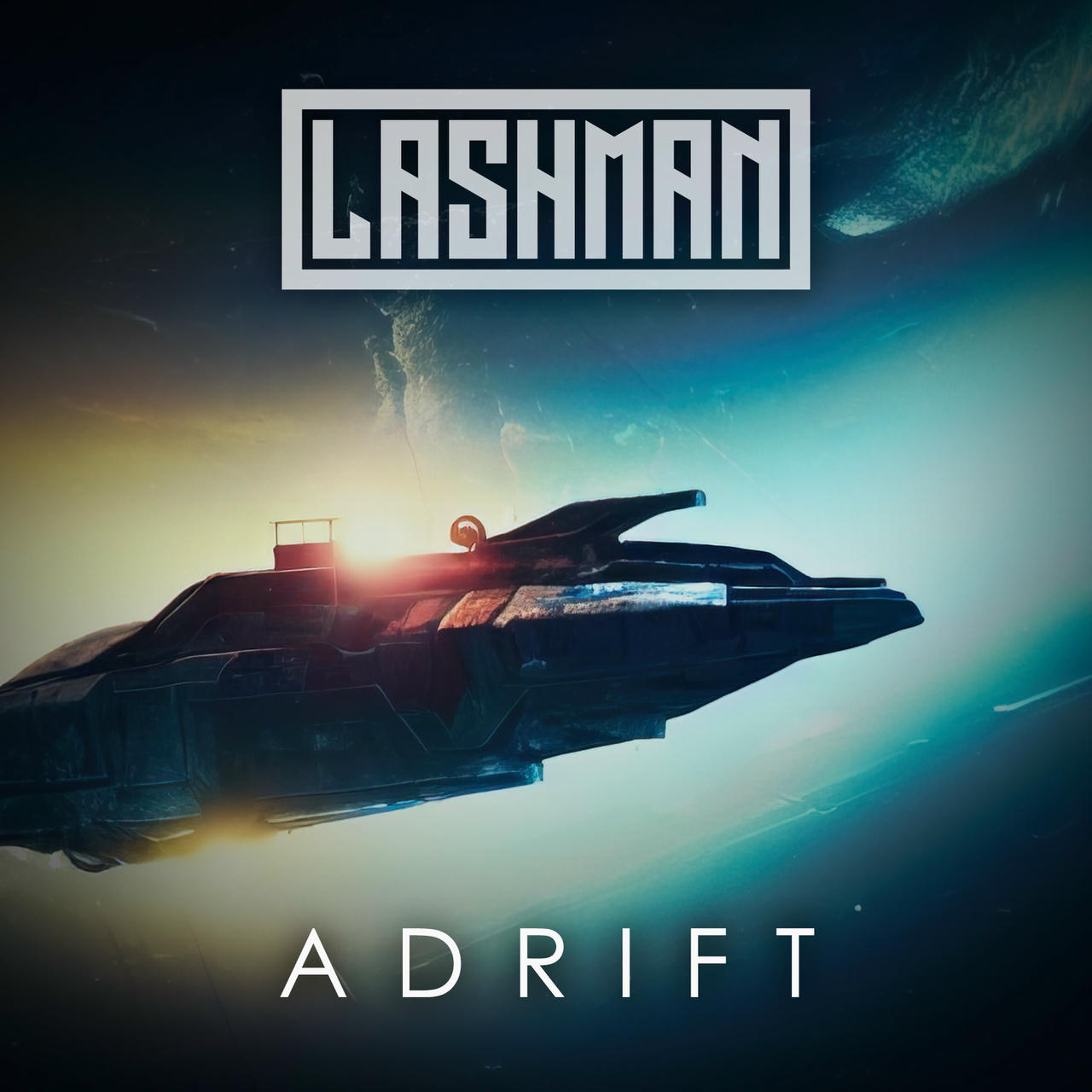 A sleek, dark spaceship drifts in a hazy, teal-colored space with a bright orange sun visible in the distance. The word "ADRIFT" is written in white across the bottom of the image.
