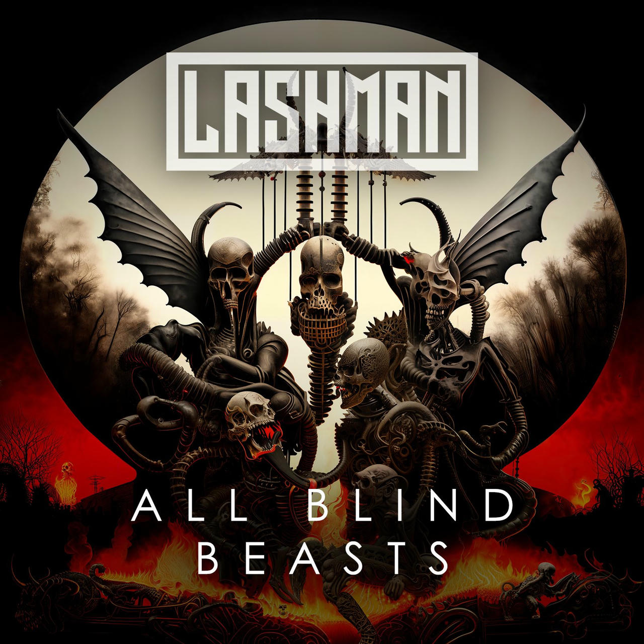 A dark, dramatic album cover for the band “All Blind Beasts.” The central image features a large, stylized skull with prominent horns, surrounded by several smaller skulls connected by chains. Black wings extend from the skull’s sides. The background is a fiery red with a dark, swirling vortex. The band’s name, “ALL BLIND BEASTS,” is printed in white across the top of the image.