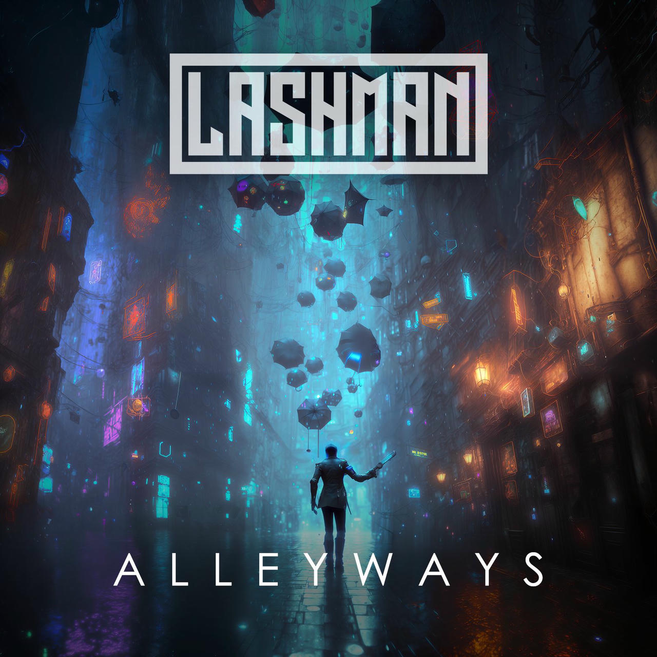 A dark, rain-slicked alleyway stretches into a distant, neon-lit cityscape. A lone figure, clad in a dark, hooded coat, stands in the center of the frame, illuminated by a bright green light emanating from a floating, geometric shape. Above the scene, in bold white letters, are the words “LASHAWAYS” and “ALLEYWAYS”. The buildings are angular and futuristic, with glowing signs and holographic projections. Rain streaks across the wet surfaces, reflecting the neon lights.