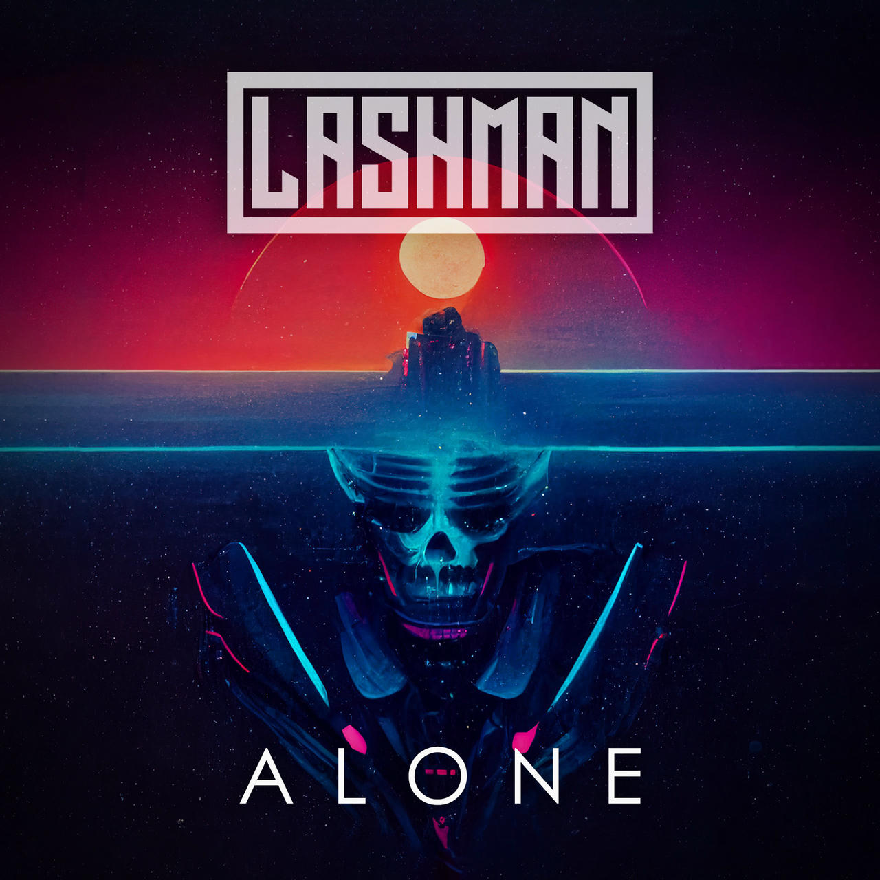 A dark, futuristic digital artwork depicts a glowing, skeletal skull floating in a vast, dark expanse of space. Above, a red, swirling nebula dominates the sky, with a bright, yellow orb positioned as a focal point. Two stylized, blue lines extend downwards from the skull. The word “ALONE” is prominently displayed in white lettering across the bottom of the image.