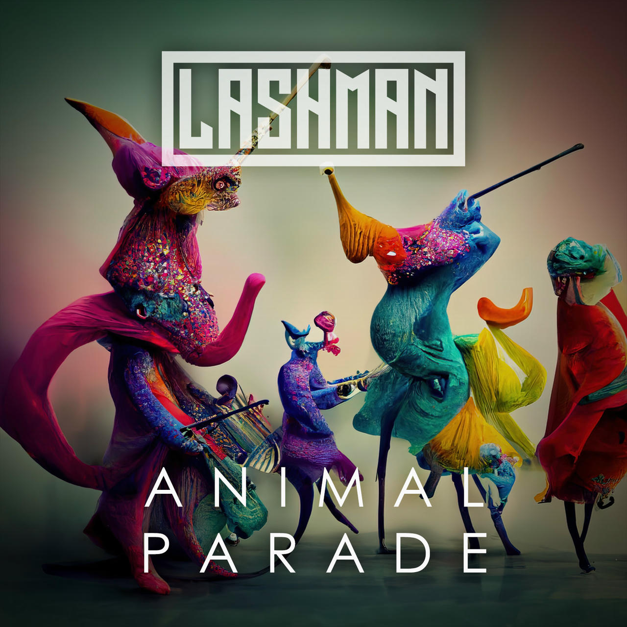 A vibrant, surreal artwork depicts four fantastical creatures arranged in a parade formation. A large, blue, textured creature with a prominent, orange, pointed nose and a single, large eye is in the center, holding a miniature violin. To its left is a smaller, teal creature with a similar nose and a red, feathered headdress. To its right is a teal creature with a red headdress and a small, dark helmet. The background is a dark green. The words "ANIMAL PARADE" are printed in white across the bottom of the image.