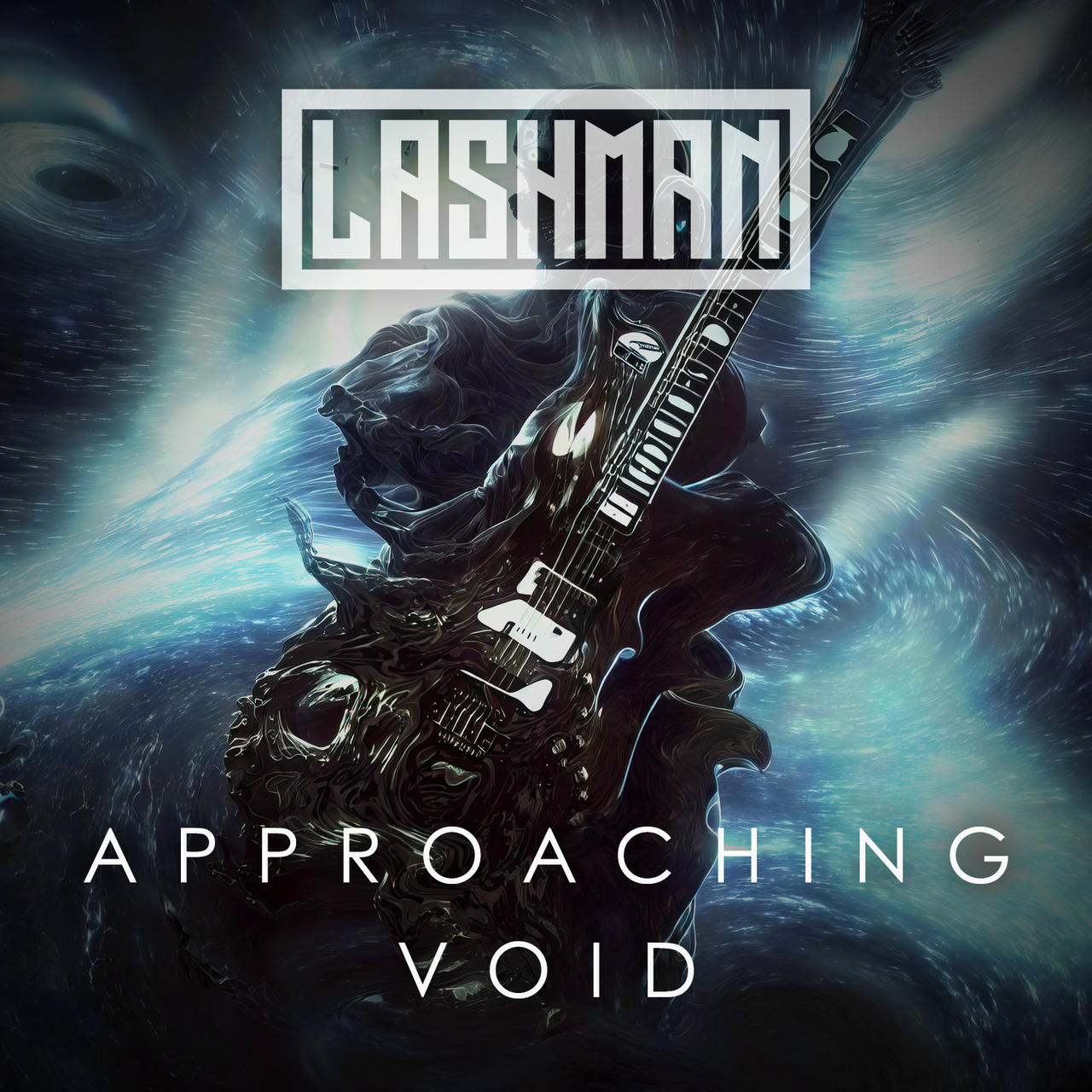 A dark, swirling, watery background with a shadowy figure of a man in a black suit and helmet, holding a black electric guitar. The guitar has the number “7” on it. Above the figure, in white text, it reads “APPROACHING VOID”.