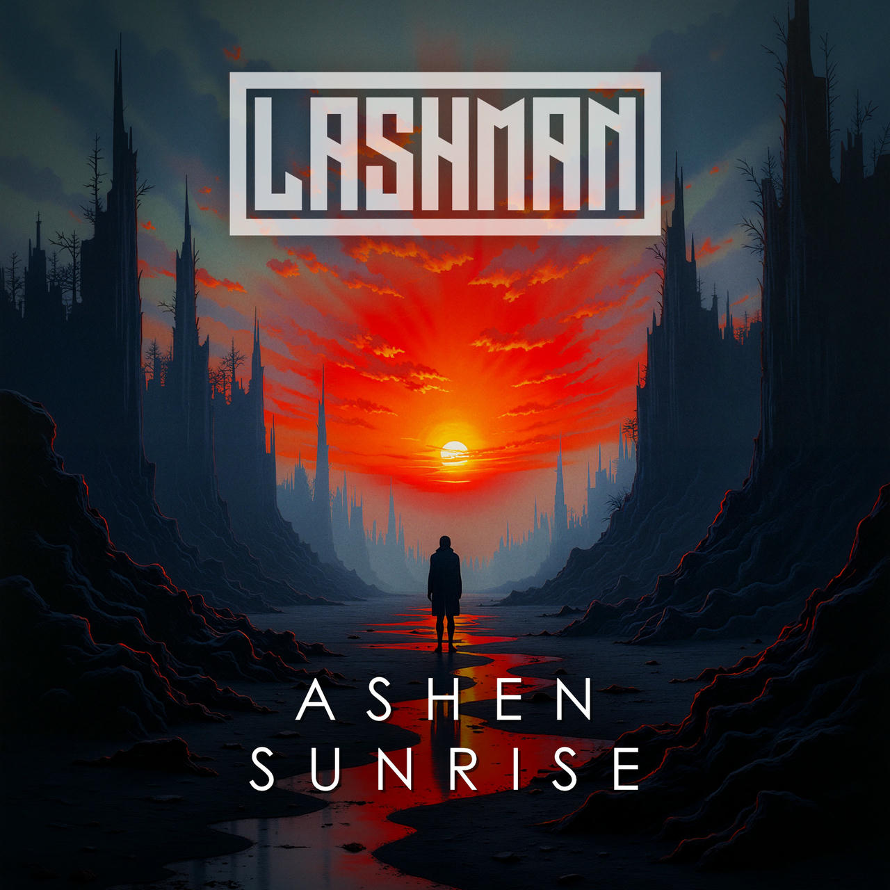 A stark, desolate landscape stretches into the distance under a fiery, blood-red sunrise. Jagged, dark rock formations rise on either side of a narrow path, and a solitary figure stands at the path's center. Above, the sky is a swirling vortex of crimson and orange. The words "ASHEN SUNRISE" are stacked vertically in white on the right side of the image.