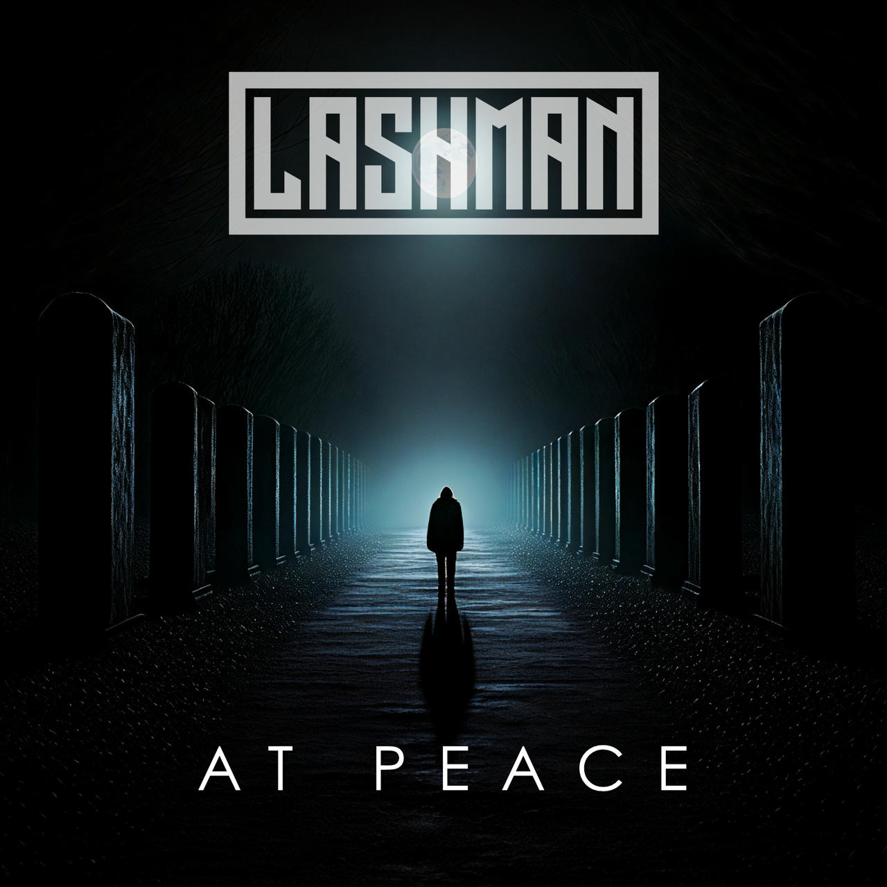 A dark, minimalist album cover titled "At Peace" features a solitary figure walking down a long, narrow corridor. The walls are lined with vertical, illuminated columns that cast a cool blue light, creating a sense of depth and isolation. The title is displayed in white lettering at the bottom of the image.