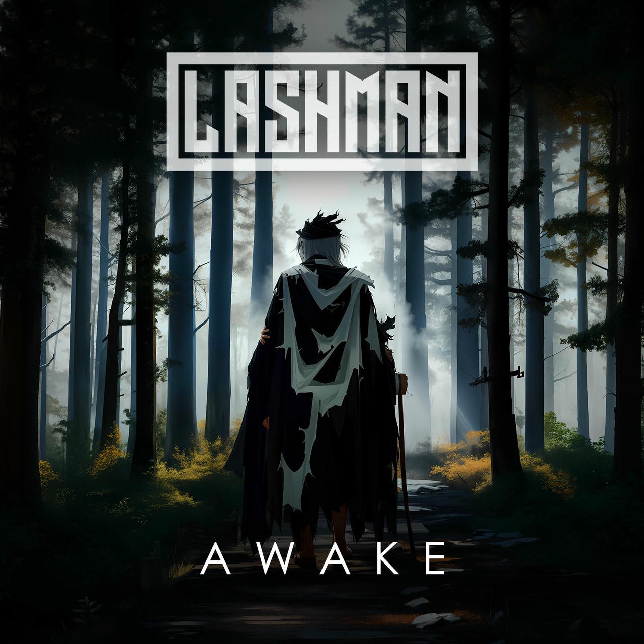 A dark, stylized illustration depicts a lone, shadowy figure in a dense, misty forest. The figure, clad in a tattered white garment, stands with arms outstretched, partially obscured by the fog. Tall, slender trees with dark green foliage rise up behind, creating a claustrophobic atmosphere. The words "AWAKE" are stacked vertically on the right side of the image in white lettering.