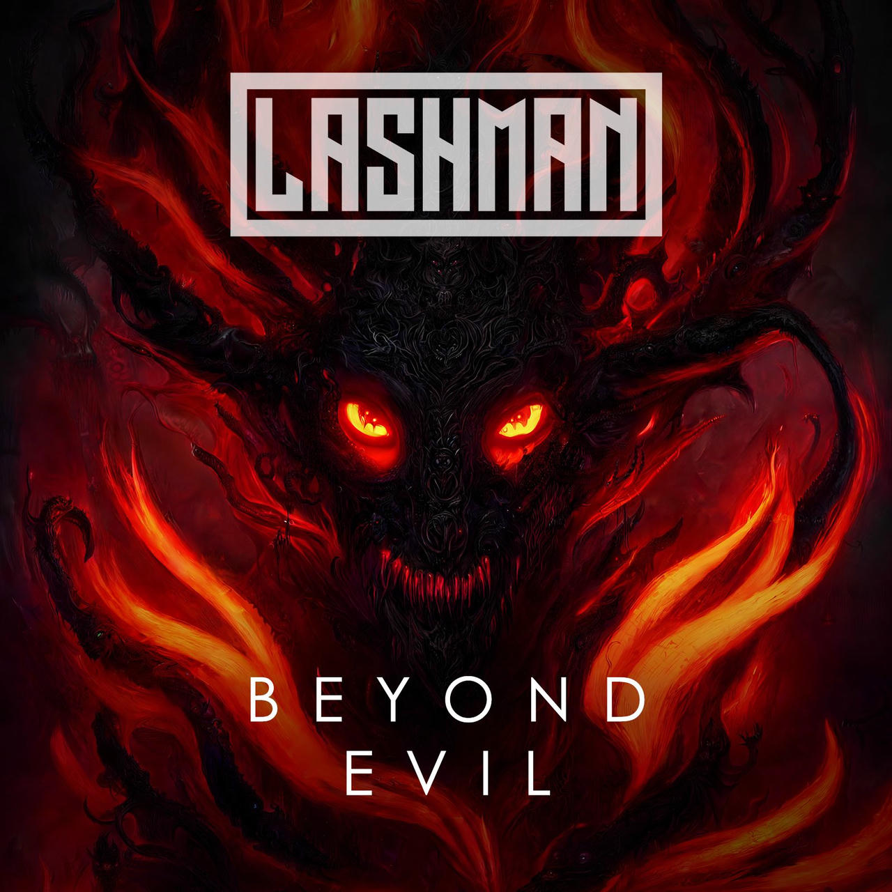A dark, demonic face dominates the image, rendered in stark black with glowing red eyes and surrounded by swirling, fiery red flames. The words "BEYOND EVIL" are written in white below the face.