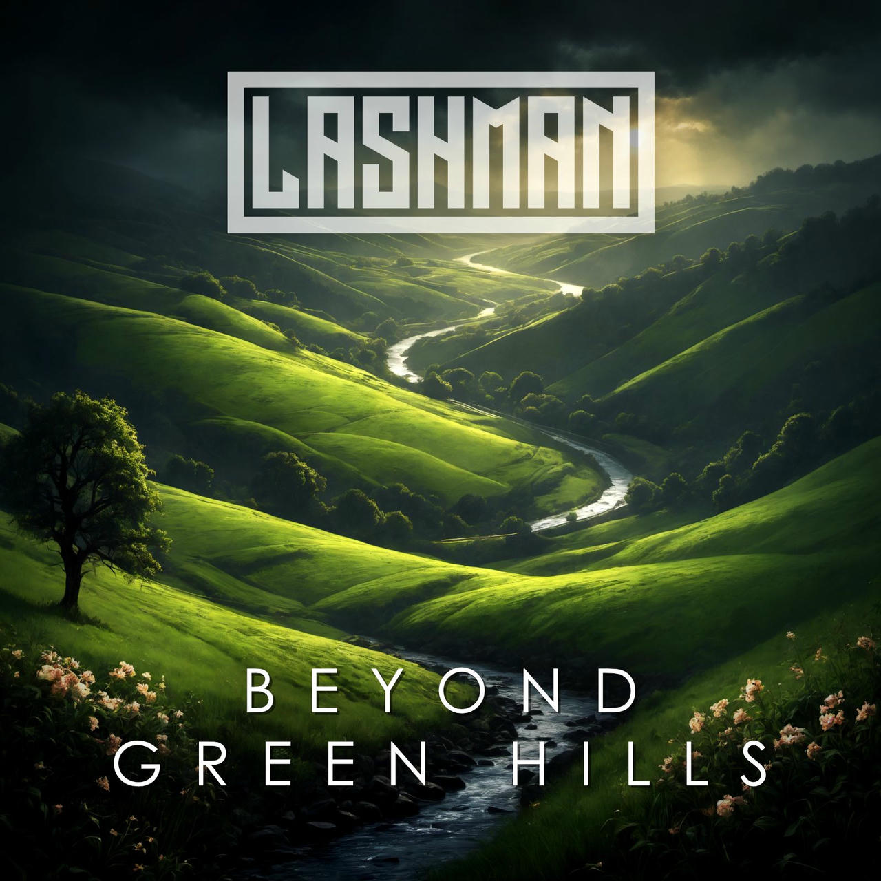 A digitally rendered landscape depicts a lush, vibrant green valley with rolling hills fading into a misty distance. A winding, white road snakes through the valley floor. The word “BEYOND” is stacked above the road in white, followed by “GREEN” and then “HILLS” also in white. The overall scene has a slightly surreal and dreamlike quality.