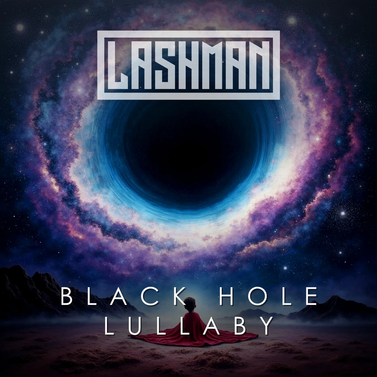 A dark, swirling nebula with shades of purple and pink dominates the image, centered around a large, dark, circular void resembling a black hole. Stars are scattered throughout the background. The words "BLACK HOLE LULLABY" are written in white across the top of the image.