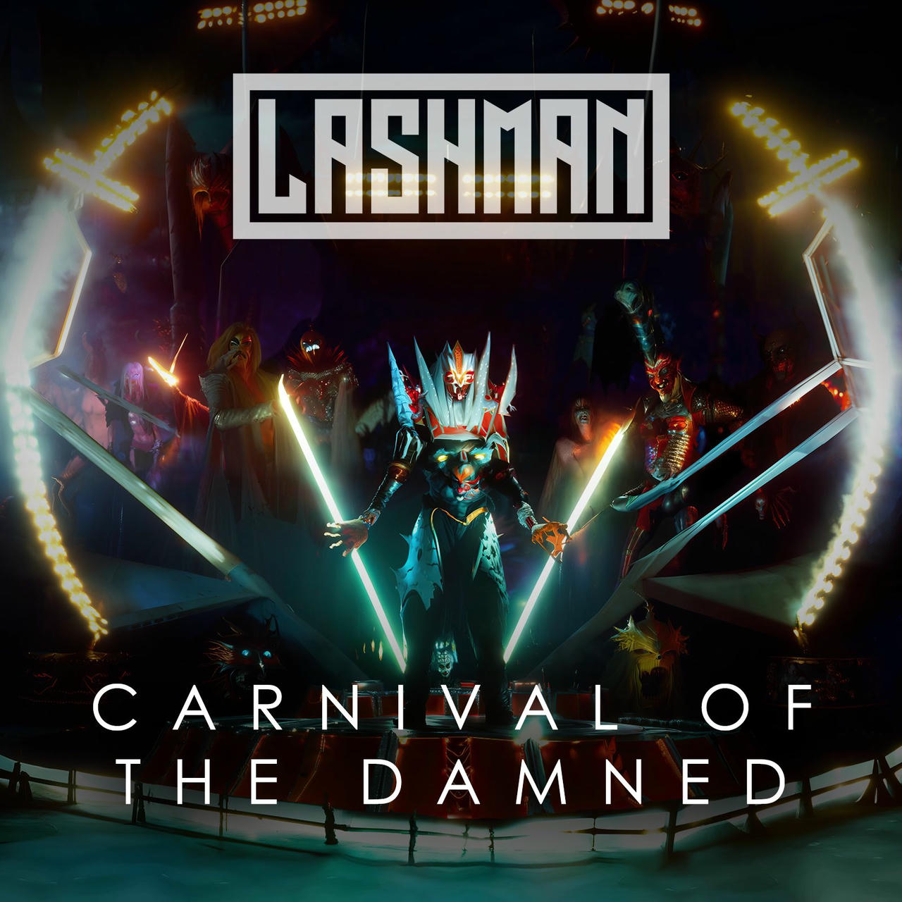 A dramatic, dark scene depicts a towering, skeletal figure resembling a warrior or demon, clad in dark armor with glowing blue energy weapons. The figure stands amidst a chaotic, industrial-looking environment with jagged metal structures and sharp, glowing blue energy blades extending outwards. The background is a swirling vortex of dark colors with bright blue highlights. The text “CARNIVAL OF THE DAMNED” is visible at the bottom of the image in white.