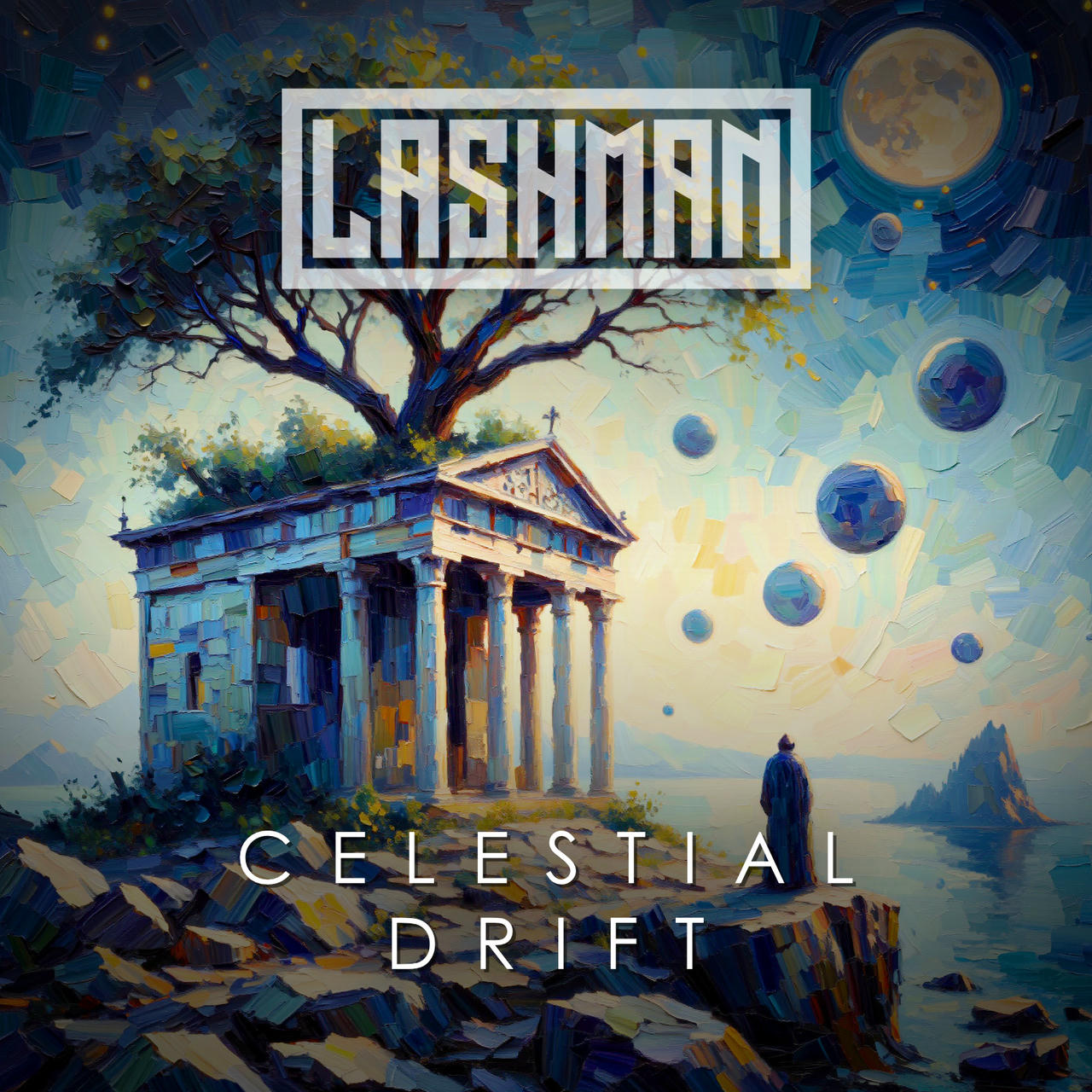A painterly digital artwork depicts a crumbling, blue-grey stone temple set against a stormy, swirling sky filled with floating, luminous orbs. A solitary, dark figure stands before the temple. The title “CELESTIAL DRIFT” is prominently displayed in white lettering across the top of the image. The overall mood is melancholic and surreal.