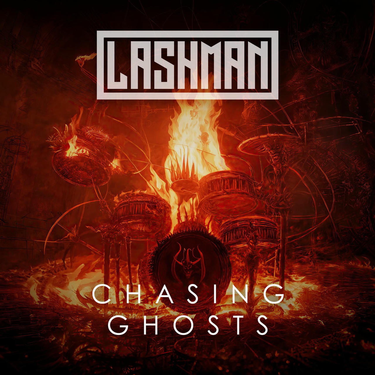 A dark, dramatic album cover titled “Chasing Ghosts” features a chaotic scene dominated by intense, swirling orange and red flames. Within the flames, a crumbling, ancient stone temple with a large, skull-shaped doorway is partially visible. The scene is filled with a sense of dread and destruction. The text “CHASING GHOSTS” is printed in white across the bottom of the image.