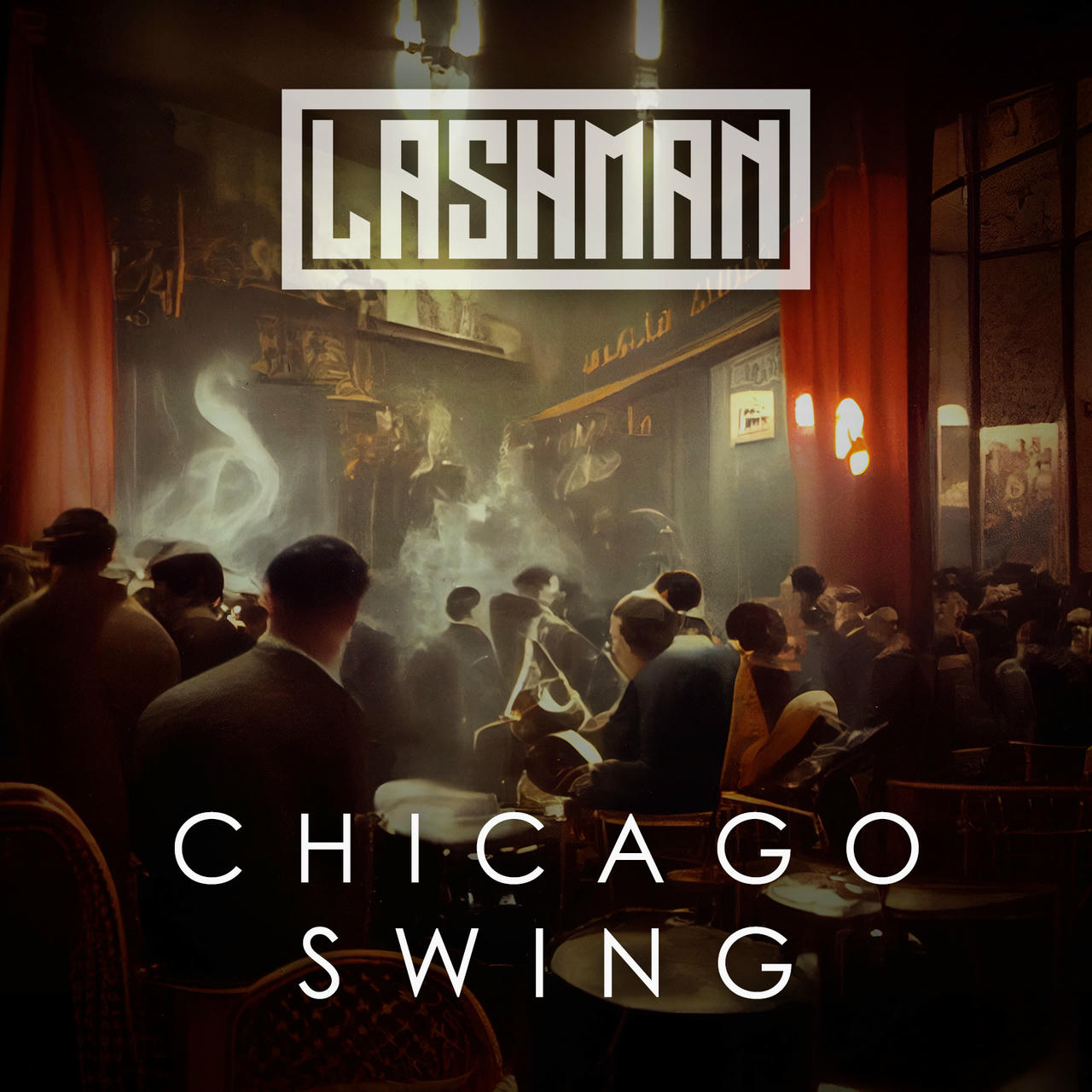 A dimly lit, smoky jazz club scene depicting a crowded room filled with people in 1930s attire. A band stands on a raised platform, with a trumpet player prominently featured. Patrons are seated at tables, some dancing. The walls are adorned with dark red curtains and a vintage-style sign reading "CHICAGO SWING."