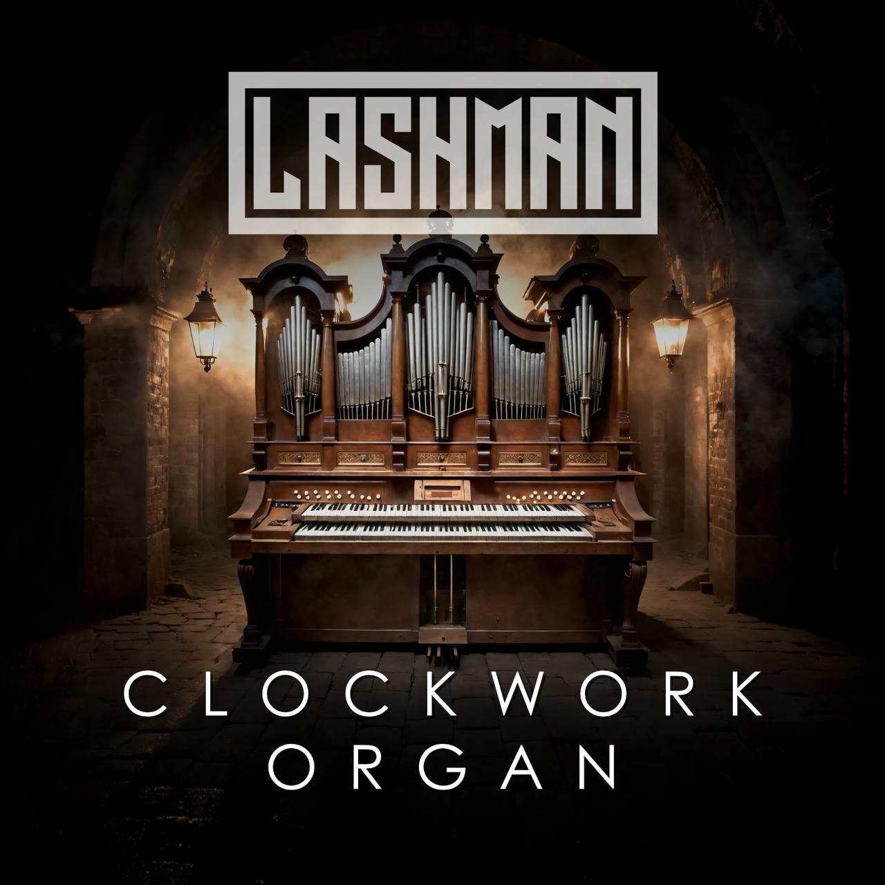 A dark, ornate clockwork pipe organ stands in a shadowed room. The organ features a wooden console with a keyboard and a tall, complex arrangement of pipes rising behind it. The pipes are various sizes and colors, and the console has a polished wooden finish. The word "CLOCKWORK" is printed in large, white letters above the organ, and the word "ORGAN" is printed below it in a smaller font. The room appears damp and aged.