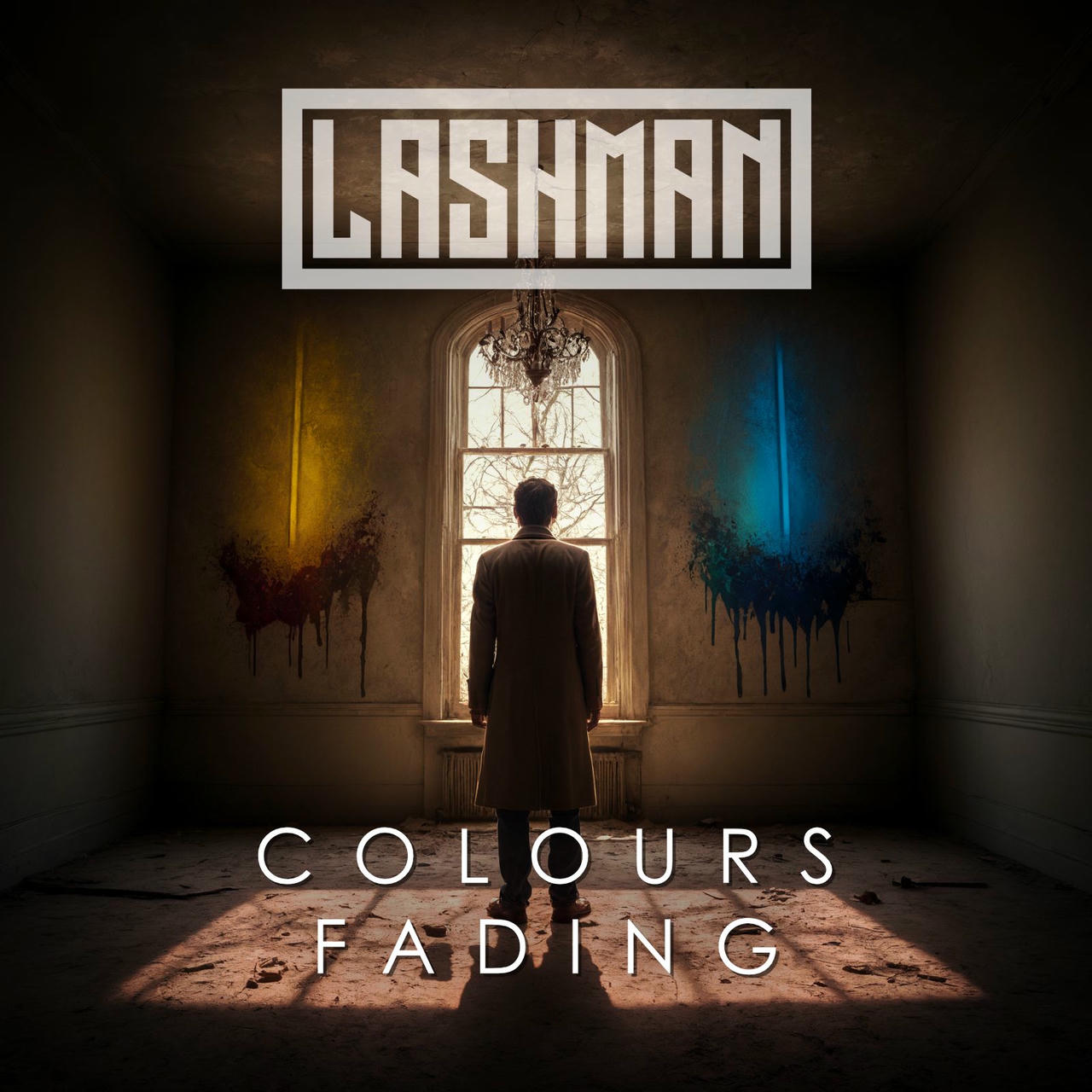 A dark, moody image depicts a tall, ornate window in a decaying room. A solitary figure in a dark coat stands within the room, facing the window. The window is partially obscured by dripping, dark paint. The walls are a warm, aged beige. Above the window, a chandelier hangs, casting a blue light. The word "LASHMAN" is prominently displayed in white text across the top of the image, and the words "COLOURS FADING" are printed below.