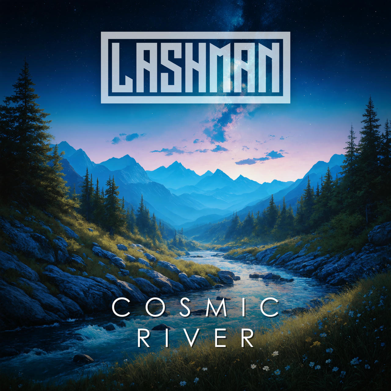 A wide, winding river flows through a lush, green valley flanked by towering, snow-capped mountains under a twilight sky filled with stars. The water reflects the blue sky, and the mountains rise dramatically on either side. The word “COSMIC RIVER” is prominently displayed in white lettering across the top of the image.
