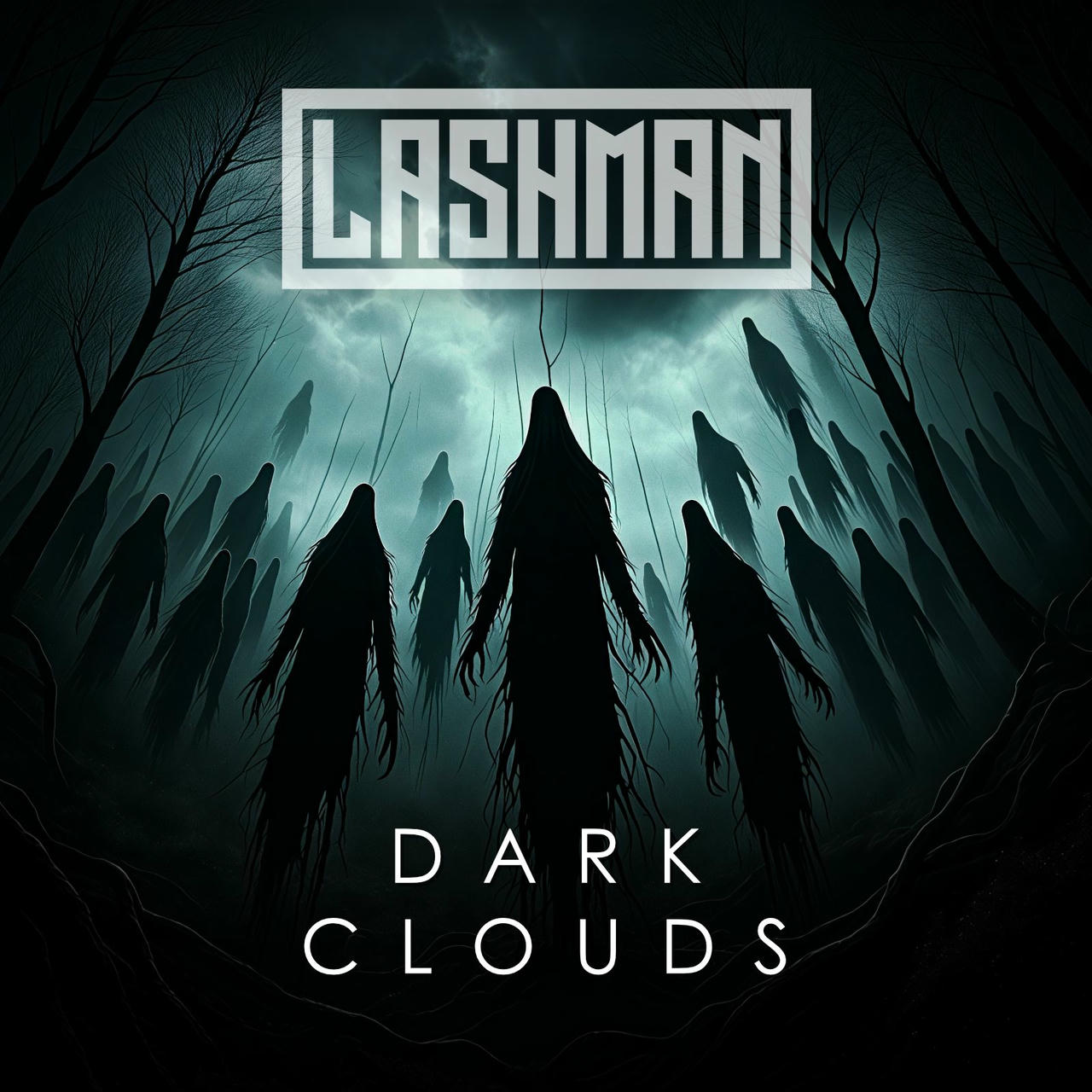 A dark, ominous illustration depicts a dense forest under a stormy, grey sky. Numerous dark, elongated, shadowy figures, resembling ghosts or demons, are clustered together in the foreground, stretching upwards into the trees. The words "DARK CLOUDS" are stacked vertically in white lettering at the bottom of the image.