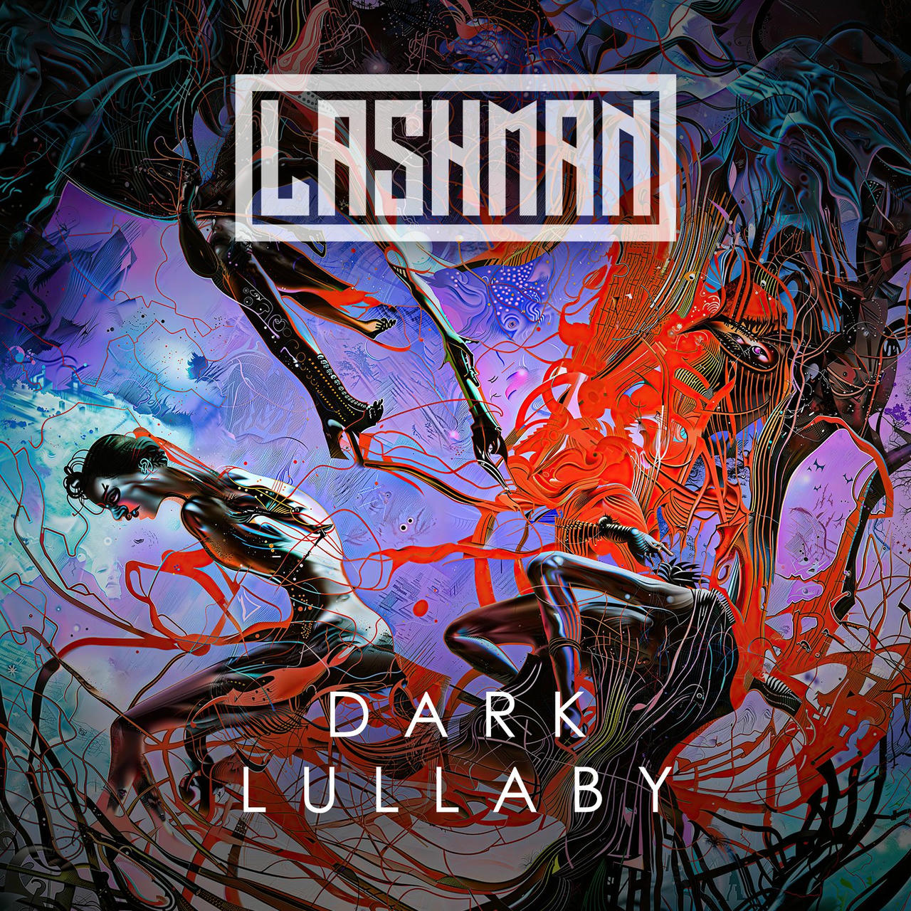 A dark and chaotic album cover for “Dark Lullaby” by Lashman. A skeletal, androgynous figure lies prone on a textured, swirling background of deep blues, purples, and reds. The figure’s limbs are contorted, and its face is obscured by a dark, shadowy mask.  The background is filled with intricate, organic-looking patterns resembling veins or roots. The words “DARK LULLABY” are prominently displayed in white across the top of the image.