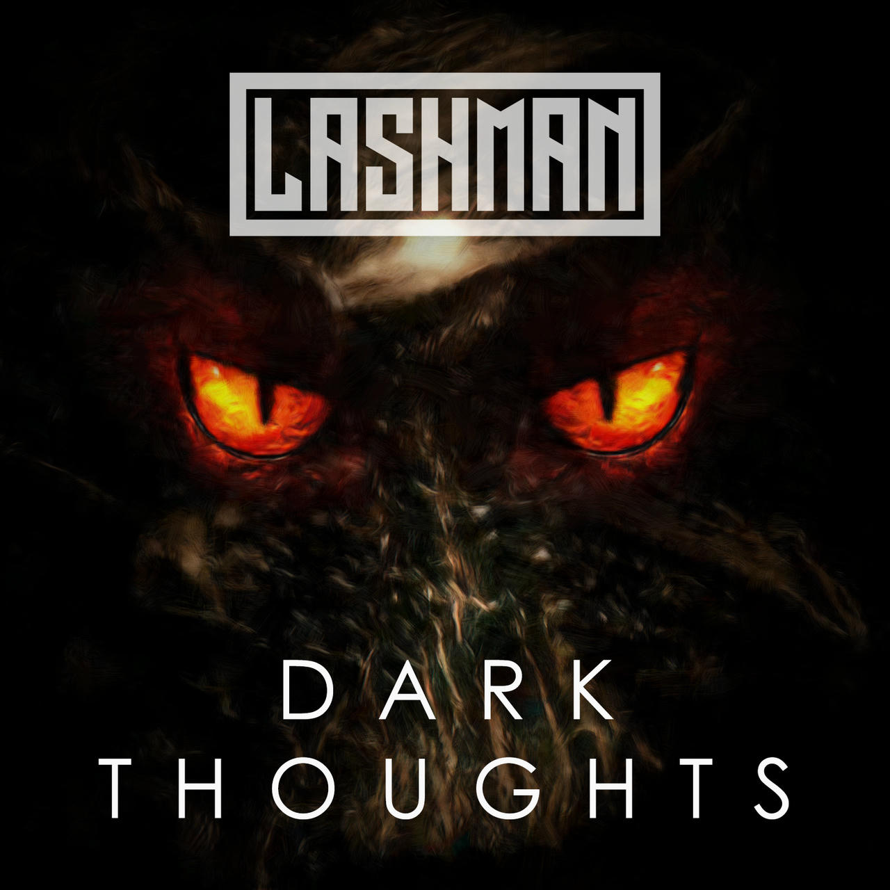 A dark, shadowy image depicts a snarling wolf’s face, its eyes glowing red. The words "DARK THOUGHTS" are stacked vertically in white on the left side of the image.