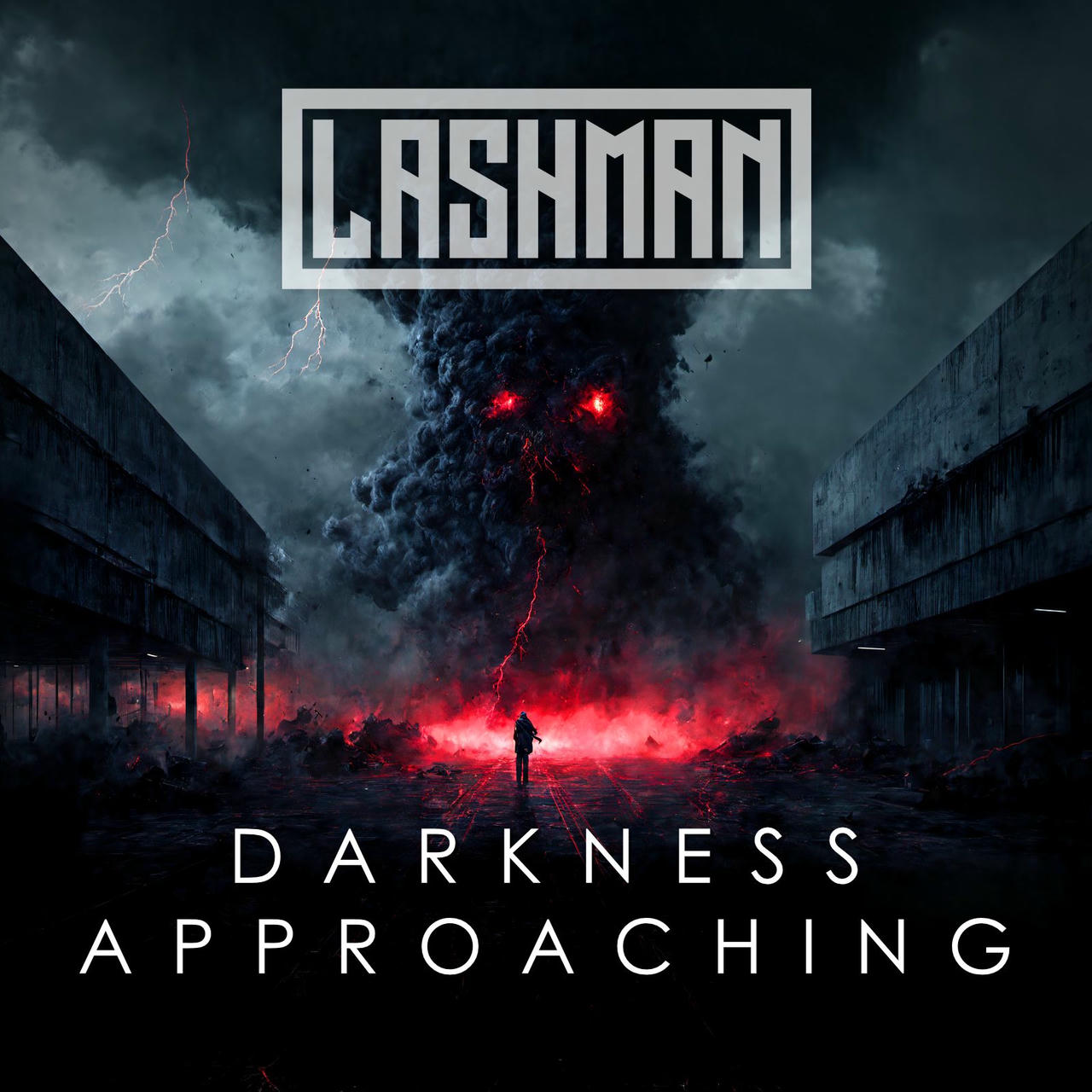 A dramatic, digitally rendered image depicts a lone figure silhouetted against a towering, swirling vortex of dark red and black smoke. Lightning flashes illuminate the scene, revealing a desolate, ruined cityscape with imposing concrete buildings in the background. The word "DARKNESS APPROACHING" is prominently displayed in white across the top of the image.