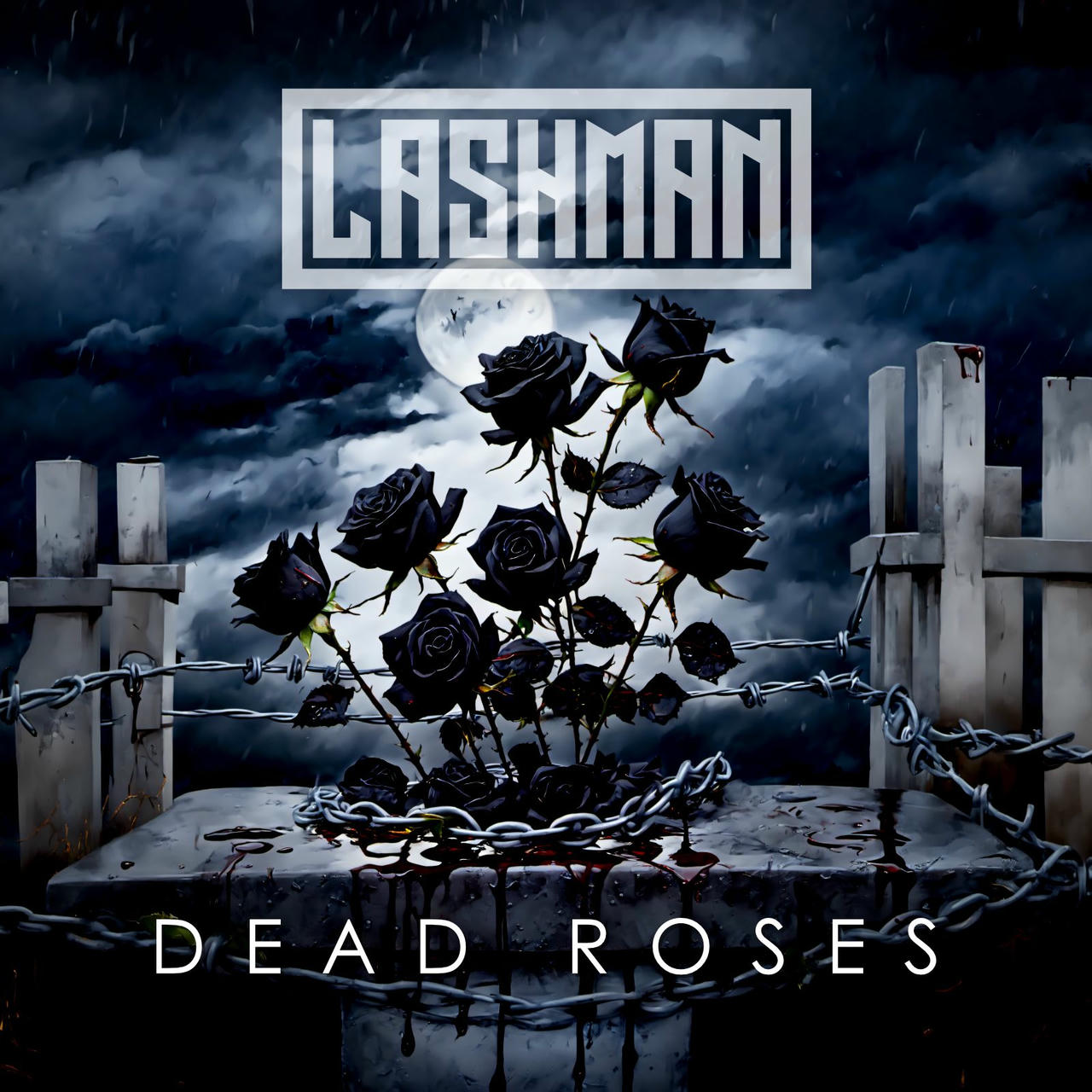 A dark, moody image depicts a cluster of black roses lying on a rain-slicked stone surface beneath a full moon. A rusted chain wraps around the roses. Behind the roses is a weathered stone wall with a chain-link fence. The words "DEAD ROSES" are printed in white across the top of the image.