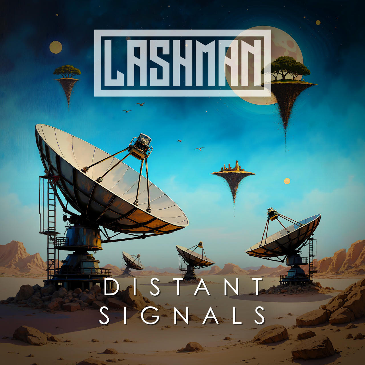 A surreal digital artwork depicts a desolate, rocky landscape under a vibrant blue sky with scattered clouds. Three large, metallic radio telescopes with dish-shaped antennas stand on the ground, each supported by a complex, industrial-looking base. Floating in the distance is a small, stylized island with a single tree. The word “DISTANT SIGNALS” is printed in white across the bottom of the image. The artist’s name, “LASHMAN,” is prominently displayed in large, white letters at the top.