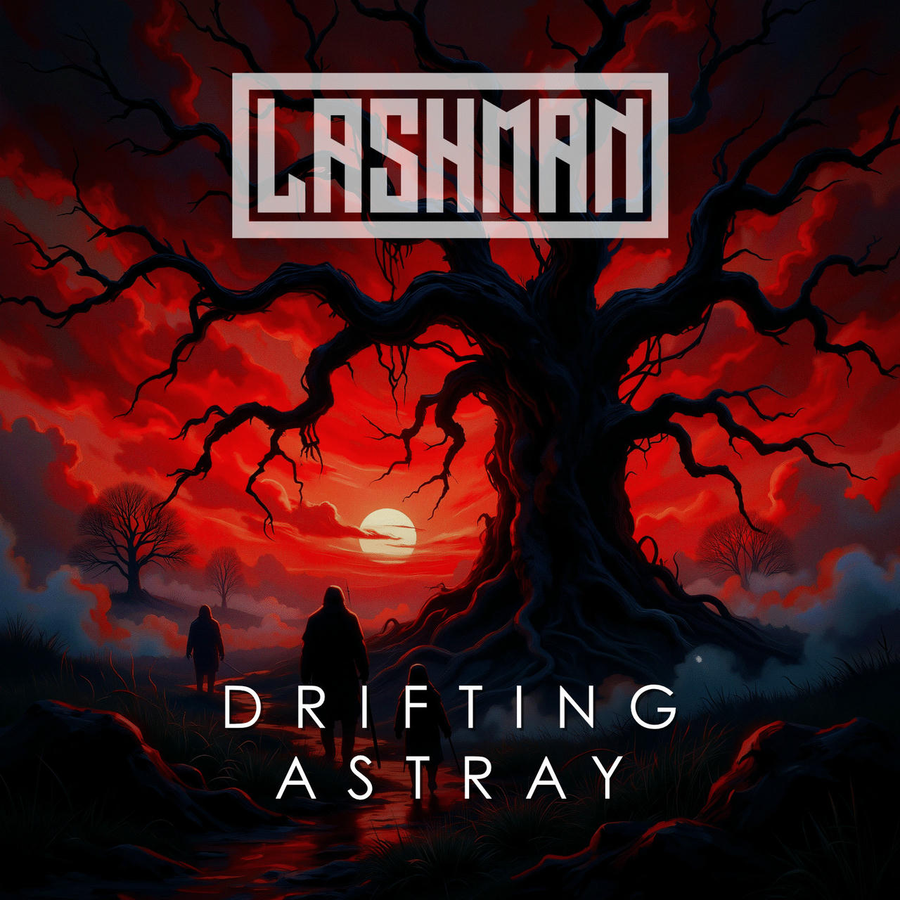 A dark, dramatic album cover featuring a gnarled, skeletal tree silhouetted against a stormy, blood-red sky. The branches are bare and twisted, reaching upwards towards a faint, glowing moon. In the foreground, shadowy figures stand beneath the tree. The band name “DRIFTING ASTRAY” is prominently displayed in white lettering across the top of the image.