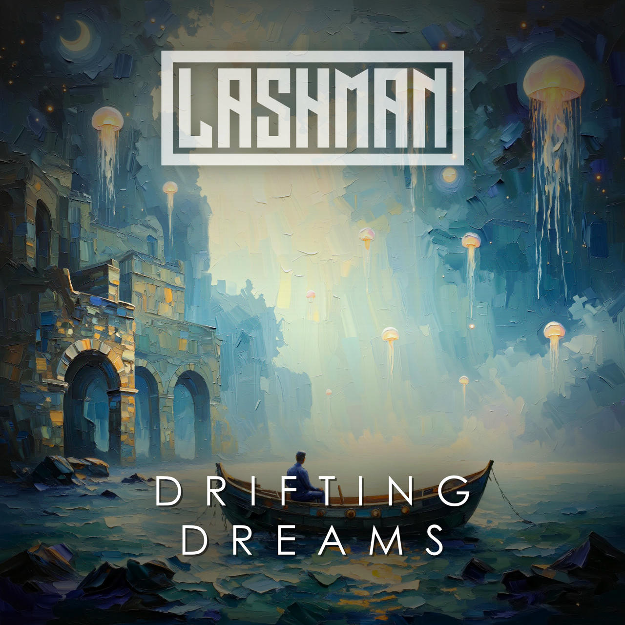 A surreal, painterly image depicts a crumbling, ancient stone city shrouded in a hazy, purple-tinged mist. Tall, arched stone buildings with ornate carvings rise on either side of a narrow, flooded street. Several translucent, jellyfish-like forms float in the mist, casting faint shadows. The words "DRIFTING DREAMS" are stacked vertically in white letters across the top of the image.