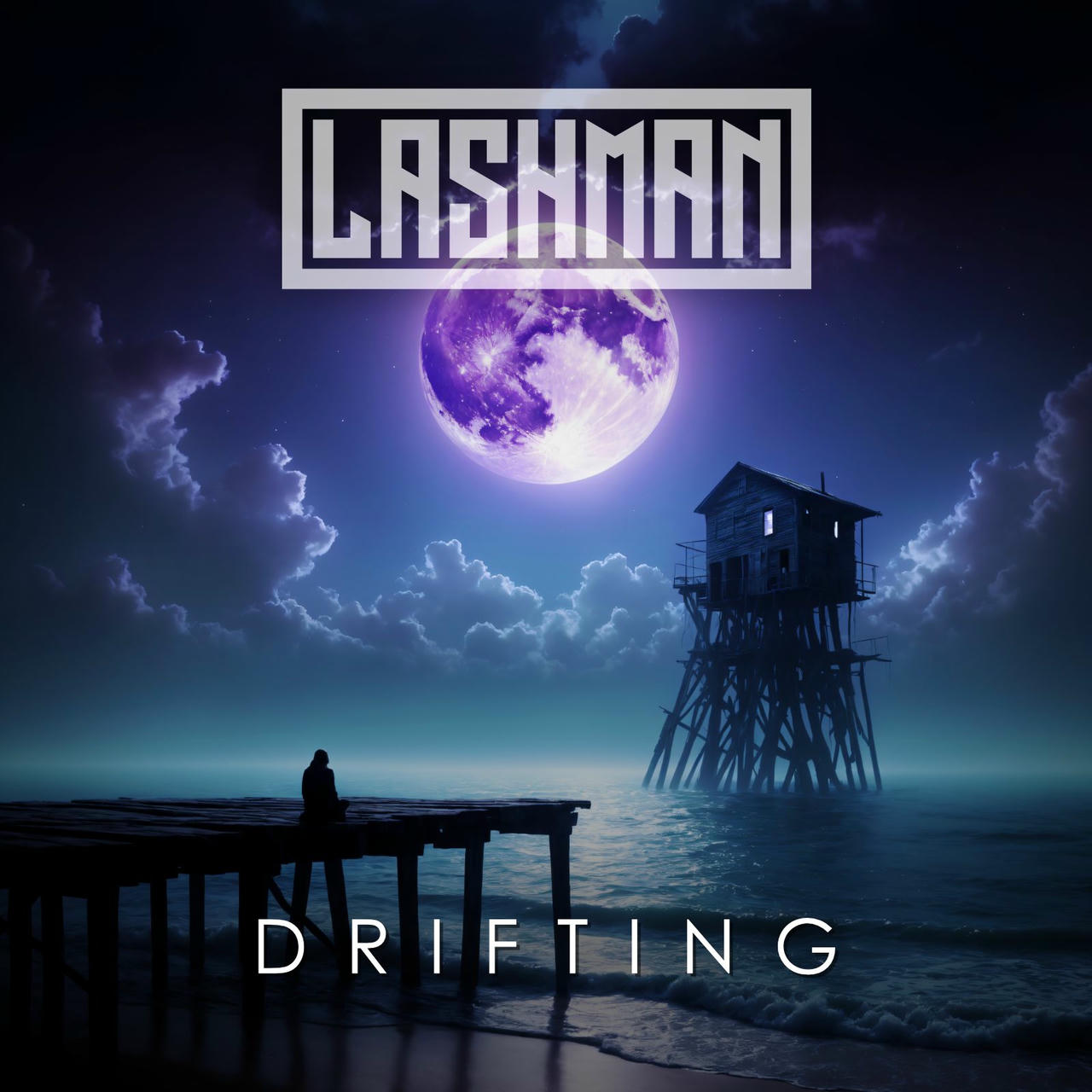 A dark, moody seascape at night. A lone figure sits on a weathered wooden pier extending into a dark, choppy ocean under a large, swirling, partially illuminated moon. A small, solitary wooden watchtower stands on a distant, rocky outcrop. The words "DRIFTING" are stacked vertically in white on the left side of the image, and "LASHMAN" is stacked vertically in white on the right. Dark, swirling clouds fill the sky.