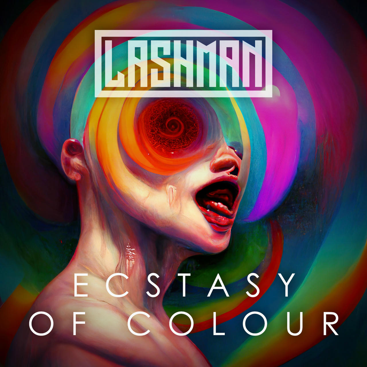A vibrant, surreal digital artwork depicts a close-up of a pale, androgynous face with intensely red lips and dark, glossy eyes. The eyes are dominated by a swirling, kaleidoscopic pattern of concentric circles in shades of orange, pink, and purple. The background is a blurred, swirling vortex of deep blues and purples. Above the image, in white block letters, is the text "LASHMAN" and below it, in white block letters, is the text "ECSTASY OF COLOUR".