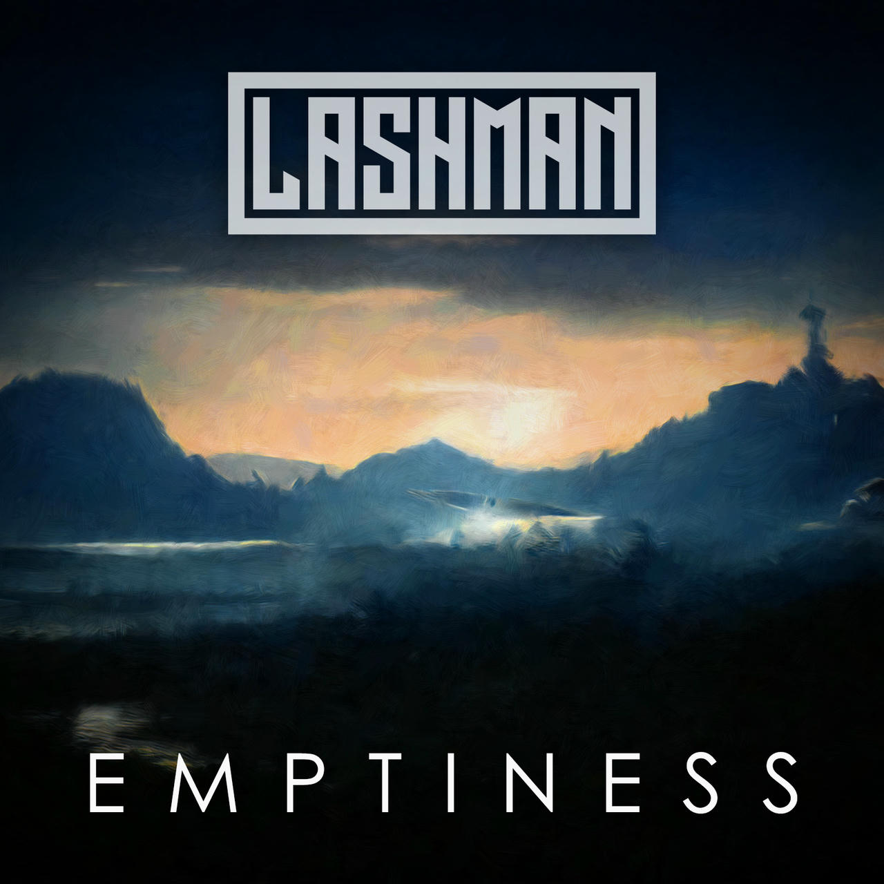 A dark, atmospheric image depicts a desolate, mountainous landscape bathed in the warm glow of a setting sun. Jagged peaks rise dramatically in the background, partially obscured by a hazy mist. A small, dark object, possibly a vehicle or structure, is visible in the foreground, adding a sense of scale and isolation. The word “EMPTINESS” is written in white across the bottom of the image.