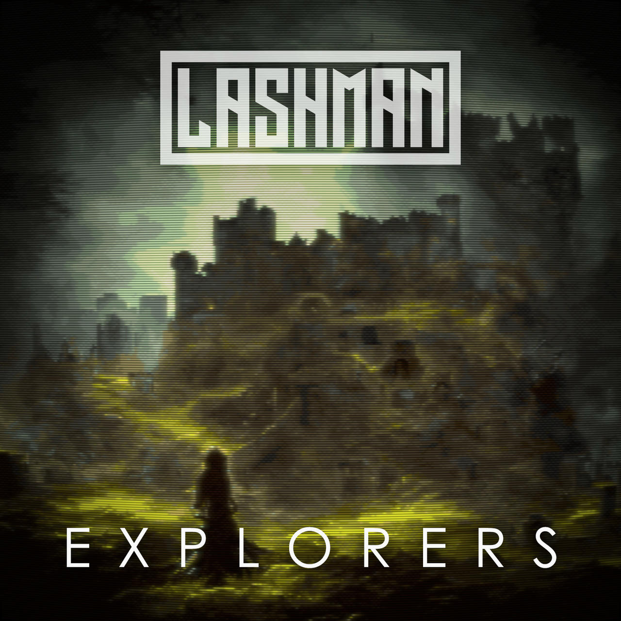 A dark, grainy image with a green-tinted static overlay depicts a lone figure standing in front of a silhouetted cityscape. The buildings are jagged and indistinct, suggesting a ruined or decaying urban environment. The text “EXPLORERS” is visible in white at the bottom of the frame.