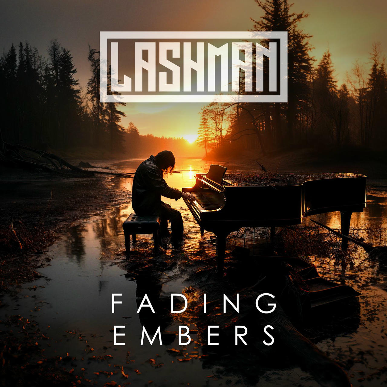 A silhouetted figure sits at a grand piano positioned on a small stool in a flooded, wooded area. The piano’s reflection is visible in the dark, still water. The sky is a muted orange and pink during sunset. The words “FADING EMBER” are stacked vertically in white on the left side of the image.