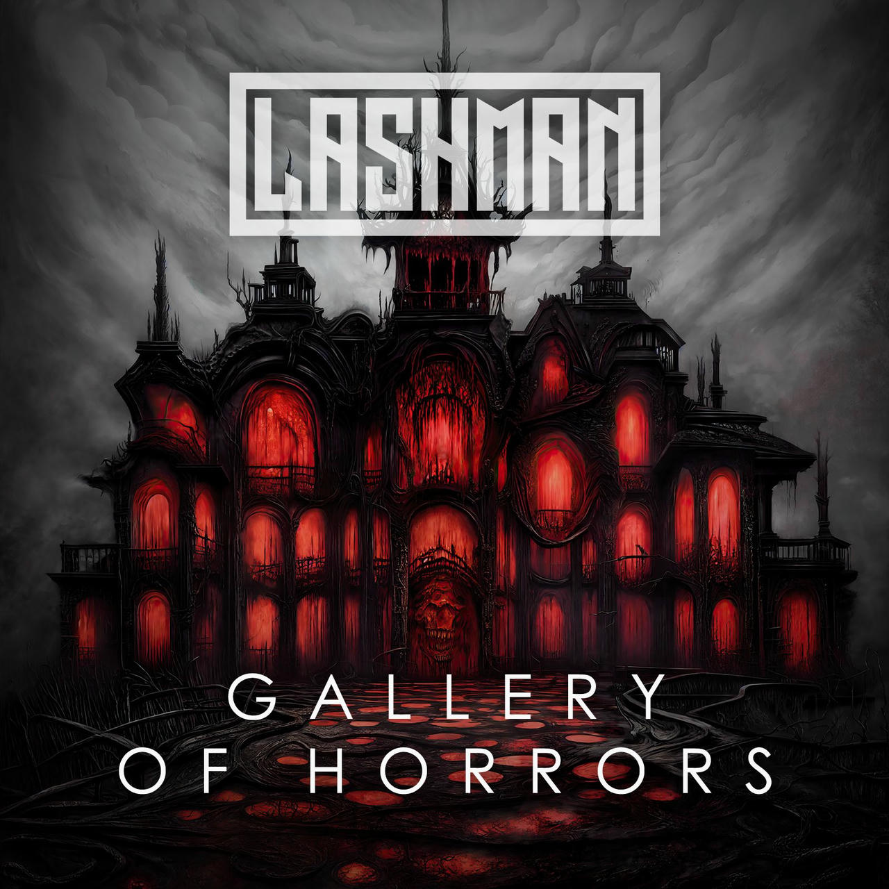 A dark, ominous Victorian mansion dominates the frame, rendered in deep reds and blacks. The building’s multiple windows glow with an unsettling red light, appearing as dark, empty eye sockets. The architecture is decaying and imposing, with sharp angles and ornate detailing. Above the building, in a stark white box, the words "GALLERY OF HORRORS" are printed.