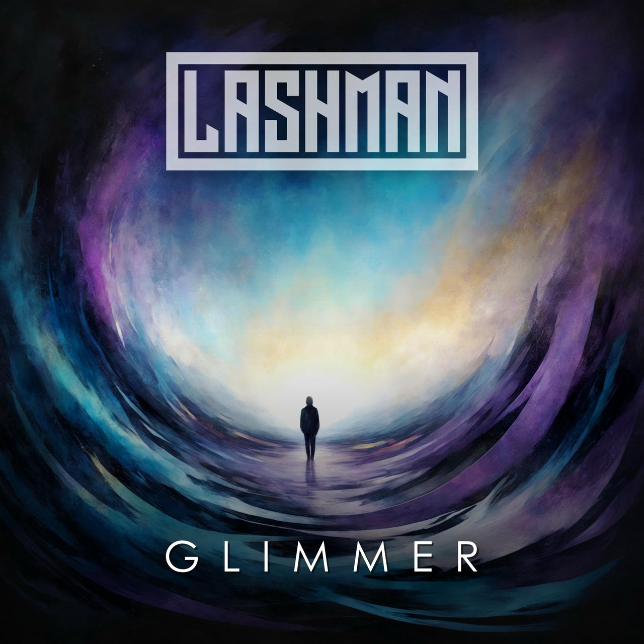 A dark, swirling vortex of deep blues and purples dominates the image, resembling a tunnel or portal. At the center, a solitary figure stands facing forward, appearing small and distant against the bright, white light at the end of the tunnel. The band name “GLIMMER” is printed in white across the top of the image.
