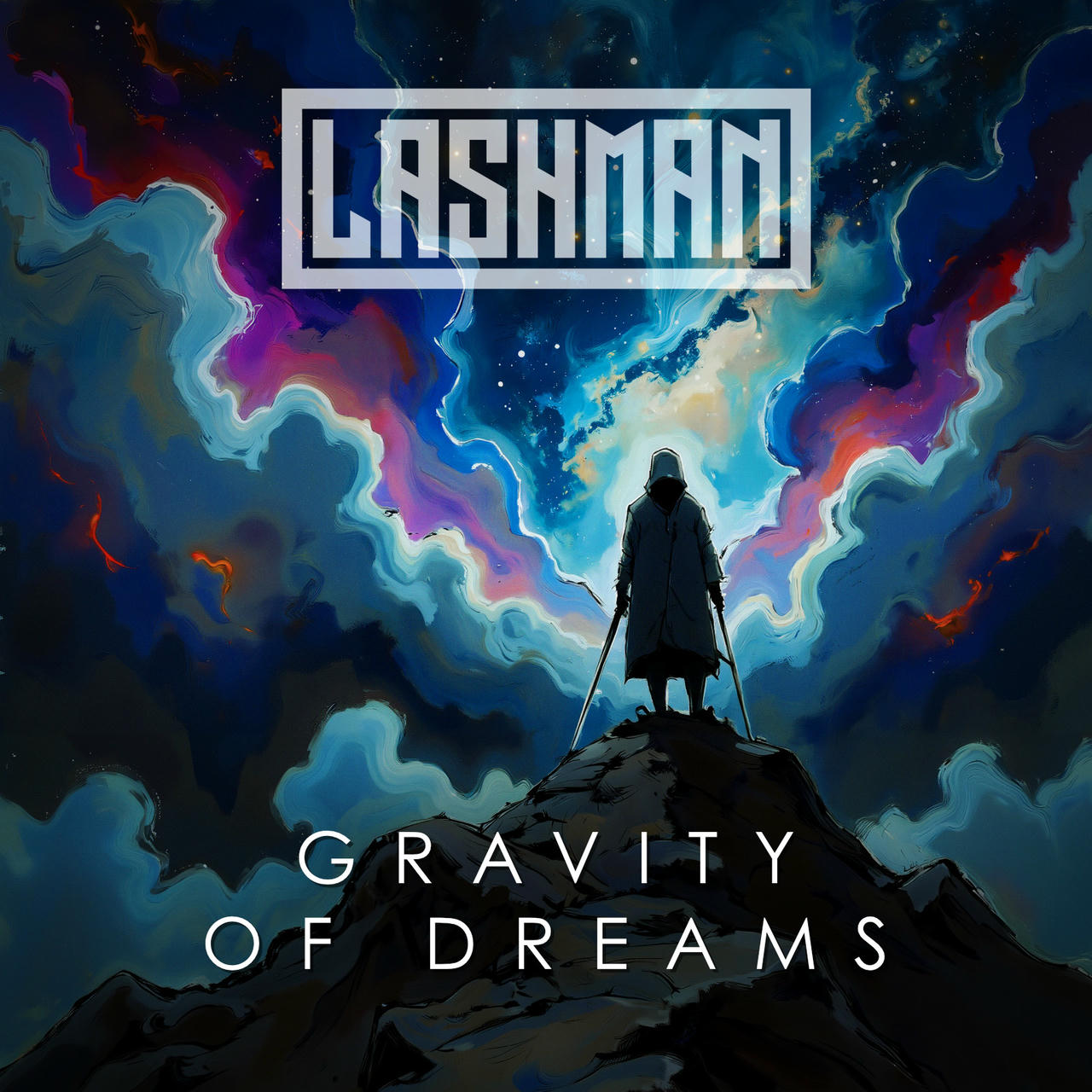 A dark, stylized album cover for “Gravity of Dreams.” A lone, silhouetted figure stands on a rocky outcrop in a swirling, vibrant blue and purple nebula-like sky. The words “GRAVITY OF DREAMS” are stacked vertically in white lettering at the bottom of the image.