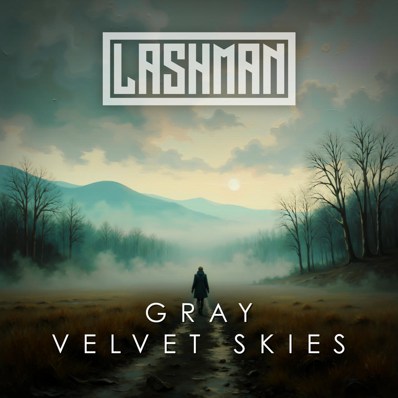 A muted, atmospheric landscape dominated by a gray, overcast sky. Bare trees stretch across a muddy, wet ground towards a distant, hazy mountain range. The word “GRAY” is prominently displayed in bold, white lettering at the top, and “VELVET SKIES” is written below in a smaller font. The overall mood is somber and slightly surreal.