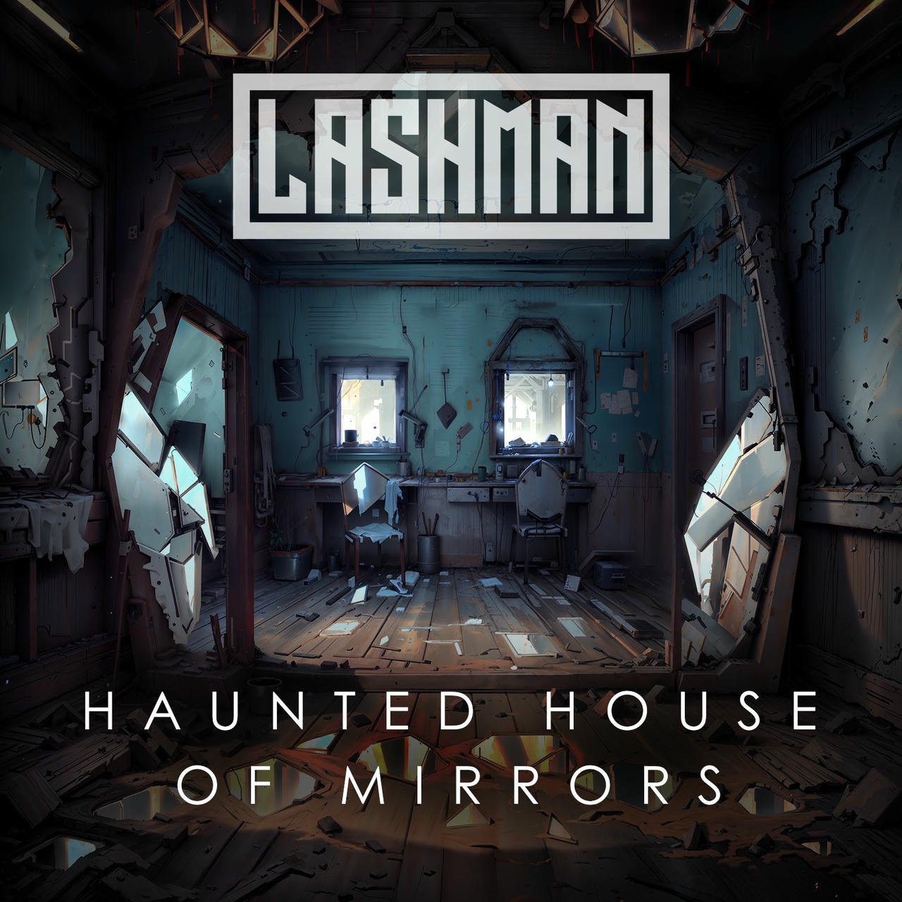A dark, dilapidated room with peeling blue walls and a warped wooden floor. Two large, ornate mirrors hang on opposite walls, cracked and reflecting distorted images. A small, dark wooden desk sits in the center of the room, covered in scattered papers. The room feels cold and unsettling. The words "HAUNTED HOUSE OF MIRRORS" are written in white across the top of the image.