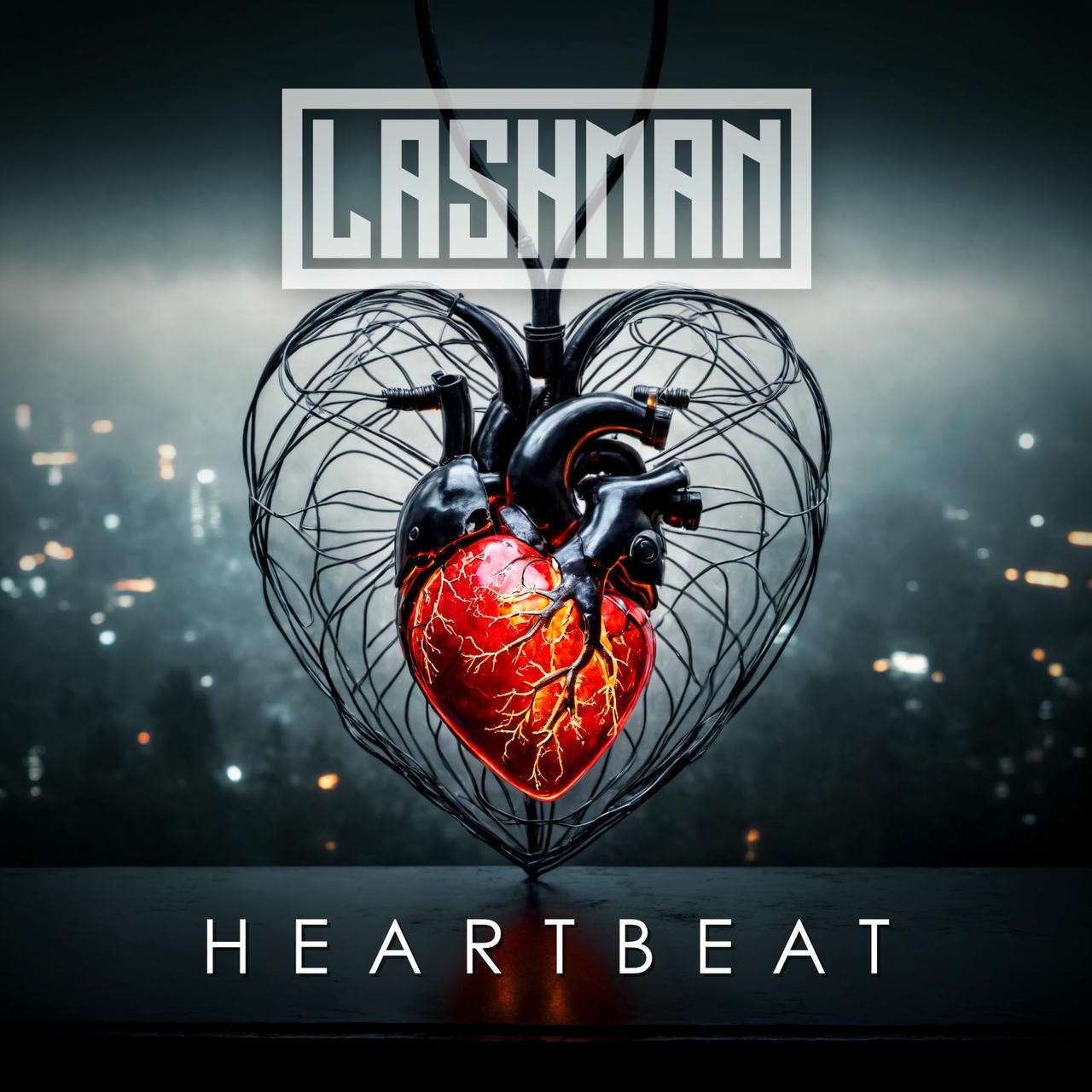 A dark, stylized graphic depicts a realistic, red human heart encased in a delicate, black wireframe heart shape. The heart is suspended by two black wires. The words "HEARTBEAT" are printed in white at the bottom of the image. Above the heart, the word "LASHMAN" is printed in white. The background is a blurred, dark gray with scattered white dots, suggesting a digital or electronic effect.