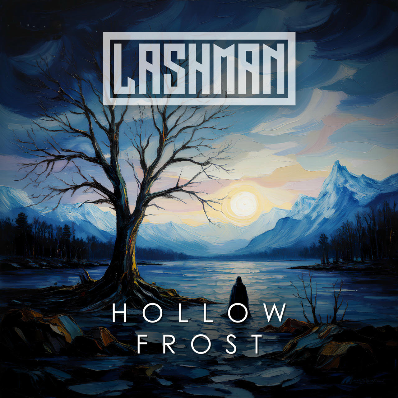 A dark, painterly landscape depicts a lone, stark tree silhouetted against a serene, gray-blue lake under a pale, rising sun. Jagged, snow-capped mountains form the distant horizon. The word “HOLLOW FROST” is written in white lettering at the bottom of the image. Above it, the word “LASHMAN” is also in white lettering. The overall mood is quiet and melancholic.