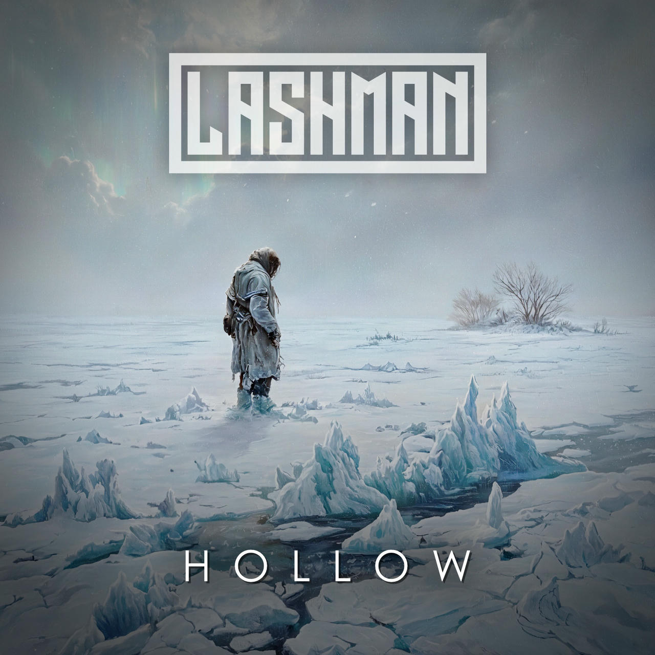 A desolate, icy landscape dominates the image. Jagged, blue ice formations jut out from a frozen expanse of water. A lone figure, clad in dark, weathered clothing, stands in the center, gazing out at the scene. The word “HOLLOW” is printed in white across the bottom of the image.