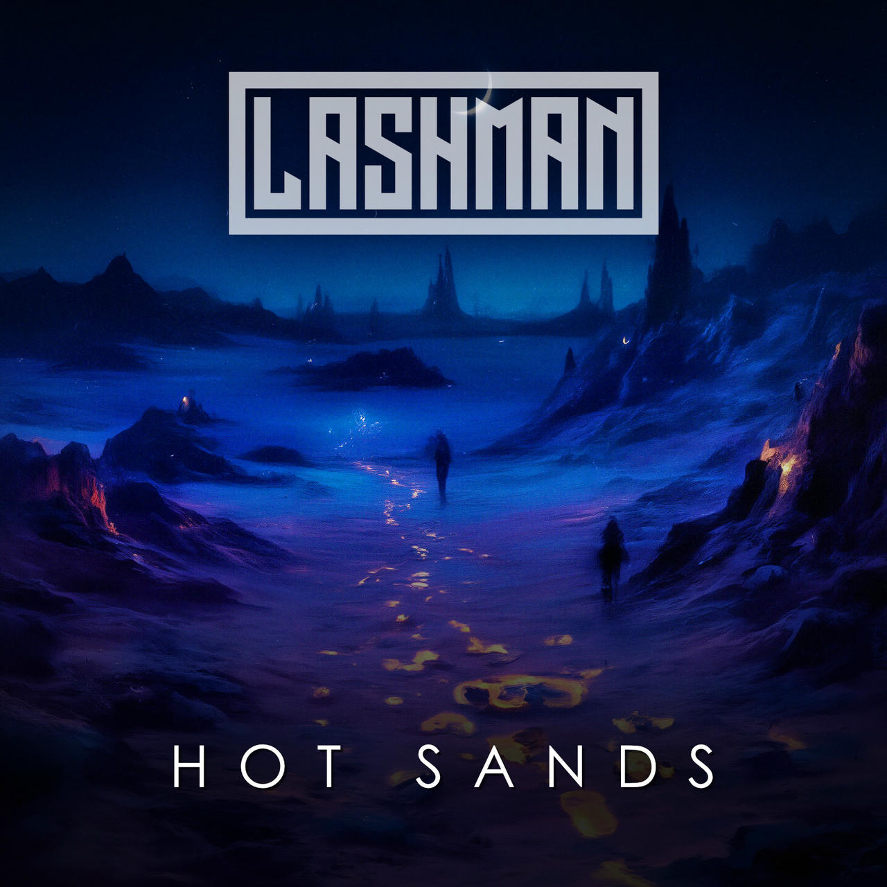 A dark, stylized digital artwork depicts a desolate, alien landscape bathed in a deep purple and blue light. Jagged, rocky formations rise from a sandy expanse, and a lone figure stands in the distance, seemingly walking along a winding path. The text “HOT SANDS” is prominently displayed in white across the top of the image.
