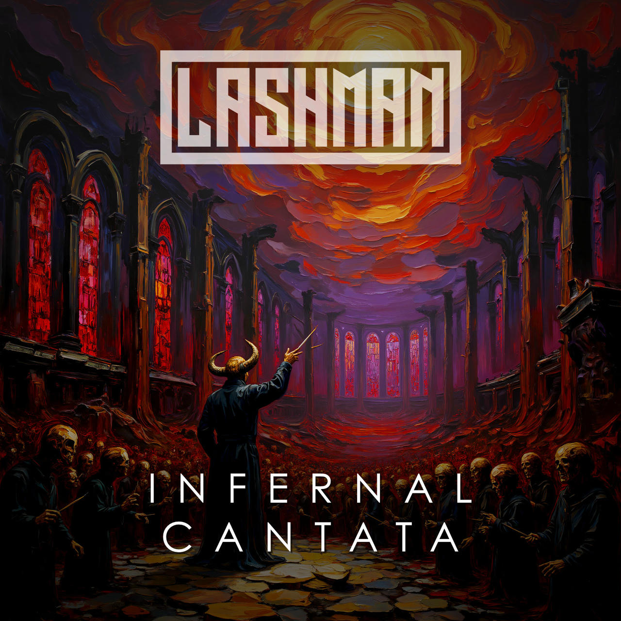 A dark, gothic-style album cover depicts a shadowy figure with horns and a long, dark cloak standing in a vast, crumbling stone hall. The hall is dominated by towering, red-tinted arches and columns, with numerous skeletal figures scattered throughout the space. The walls are stained a deep red, and the overall atmosphere is one of decay and dread. The text “INFERNAL CANTATA” is prominently displayed in white across the top of the image.