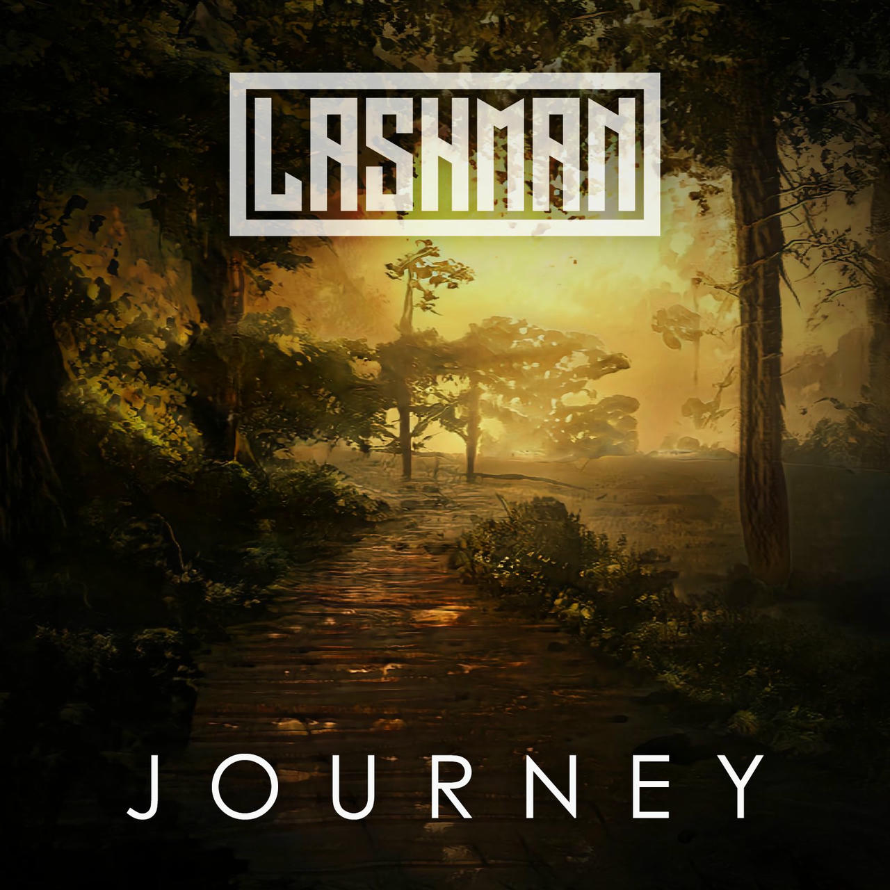 A dark, atmospheric image depicts a muddy path winding through a dense, misty forest. Tall, bare trees rise on either side, partially obscured by the fog. The sky is a muted yellow-orange, casting a hazy glow. The word "JOURNEY" is written in white across the bottom of the image. The word "LASHMAN" is written in white across the top of the image.