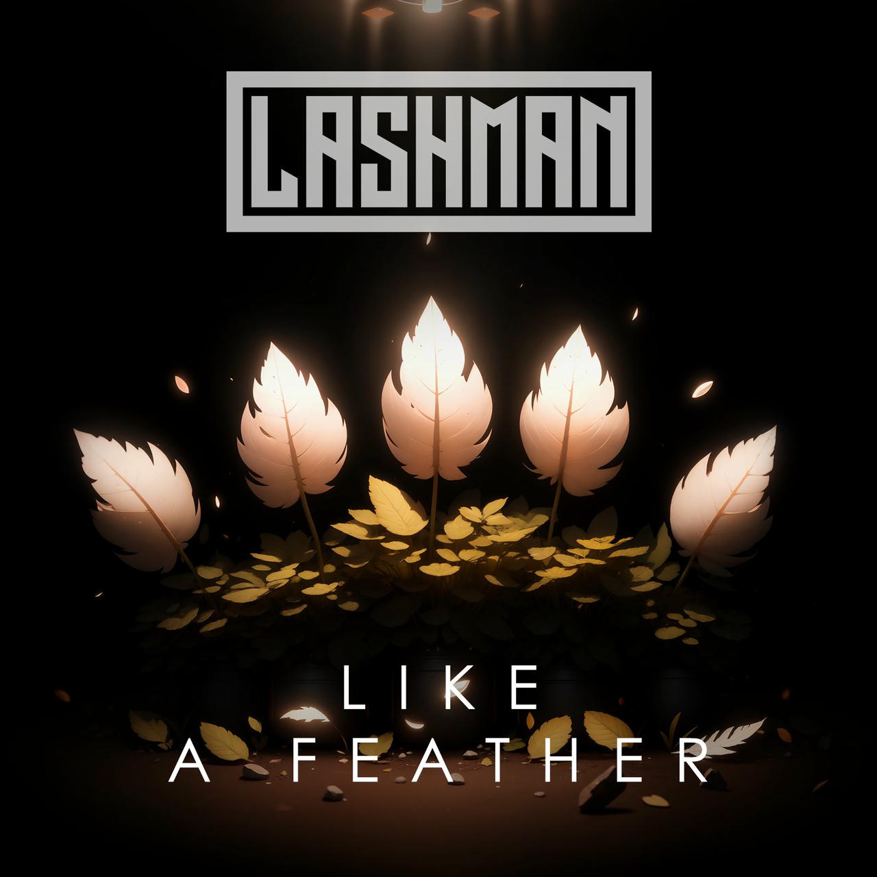 A dark, stylized graphic depicts seven golden feathers arranged in a circle, radiating outwards. The words "LIKE A FEATHER" are written in white across the bottom of the image. Above the feathers, the word "LASHMAN" is printed in white, stylized with a geometric border.