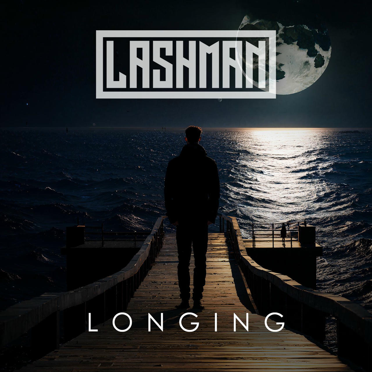 A silhouetted figure stands on a weathered wooden dock at night, gazing out at dark, choppy water reflecting a bright moon. The words “LONGING” are stacked vertically in white on the left side of the image.