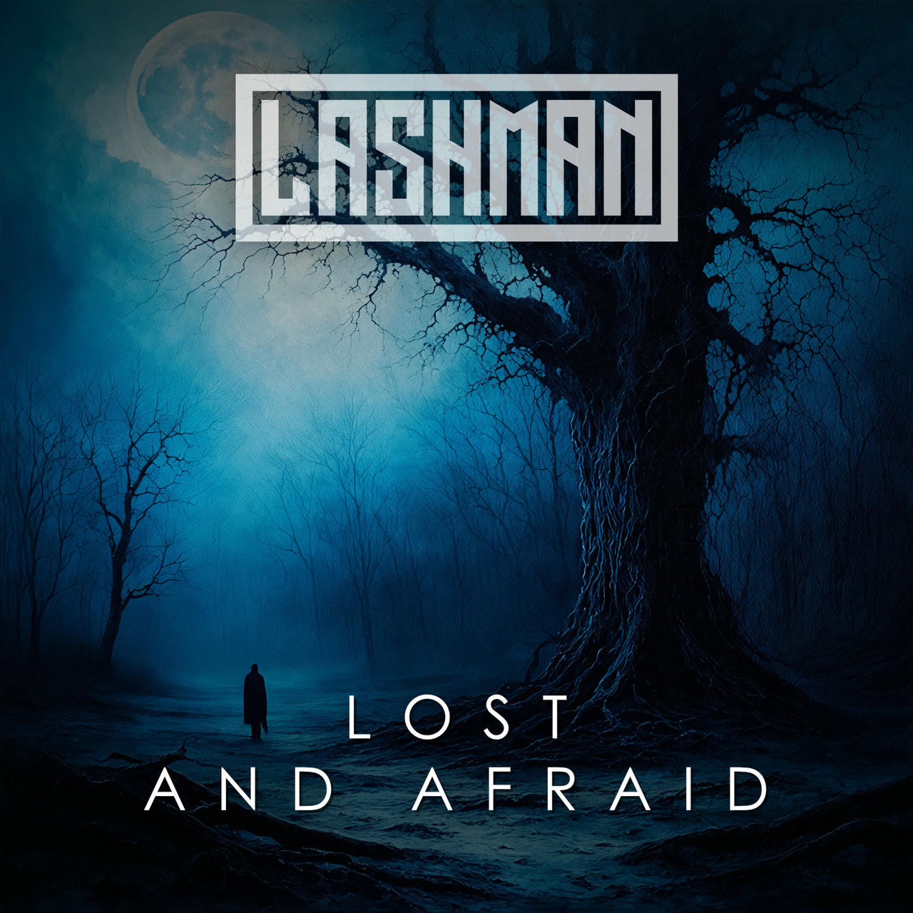 A dark, moody image depicts a lone figure walking into a dense, dark forest under a gray, overcast sky. Twisted, bare trees dominate the scene, their branches reaching upwards like skeletal arms. The sky is a muted gray, and the ground is obscured by shadows. The words "LOST AND AFRAID" are printed in white across the image.