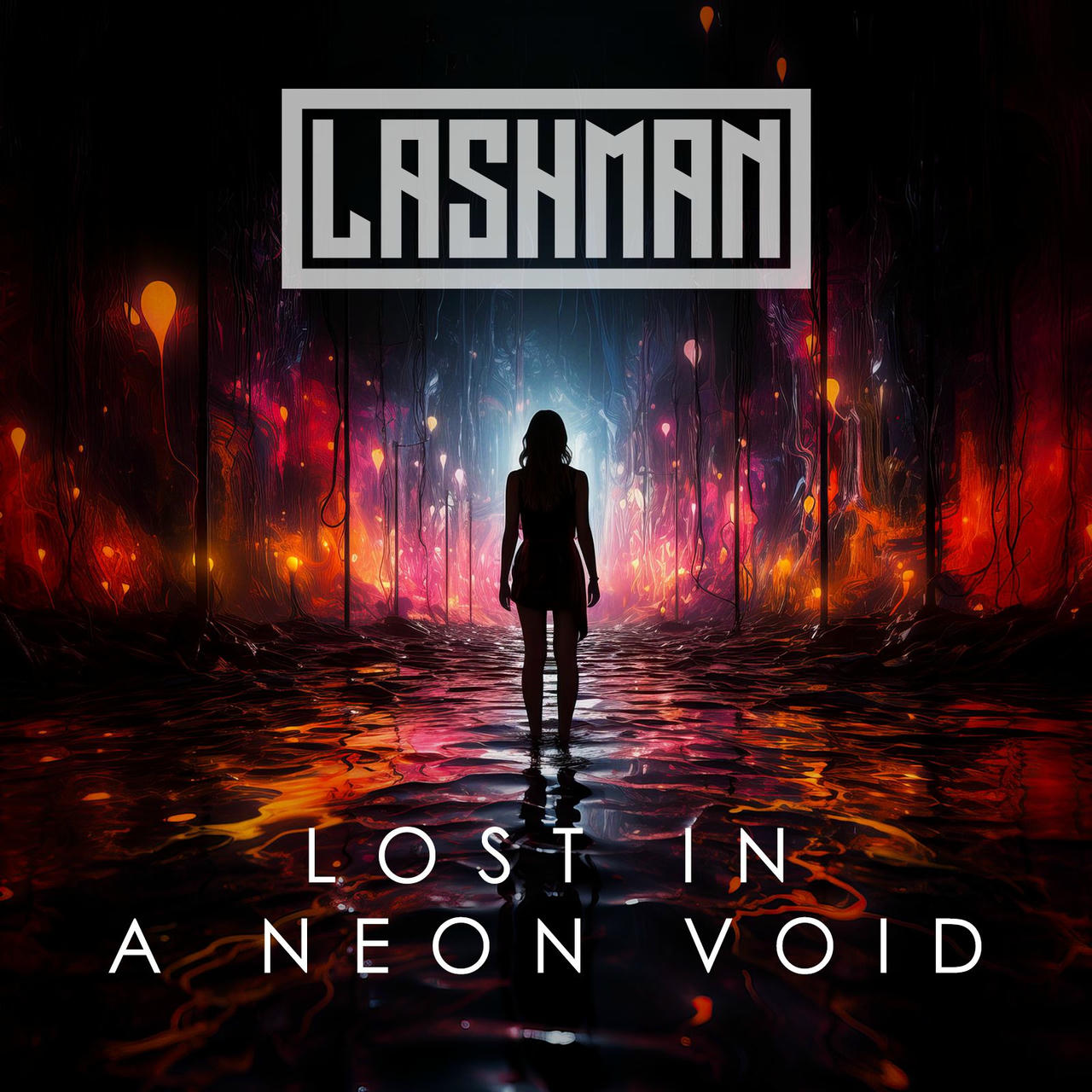 A silhouetted figure stands in a vast, dark expanse filled with swirling, neon-colored lights resembling floating orbs. The background is a deep, reflective black, with streaks of pink, blue, and orange illuminating the space. Above the figure, in stark white lettering, the words "LOST IN A NEON VOID" are displayed.