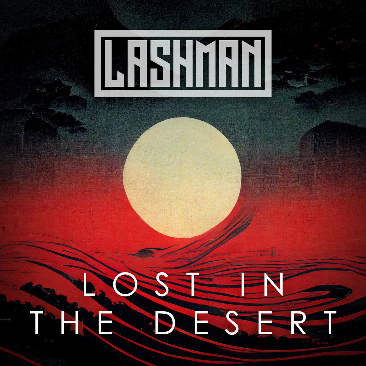 A dark, textured background resembling a desert sunset with a large, pale yellow circle dominating the center. The words "LOST IN THE DESERT" are stacked vertically in white on the left side of the image.